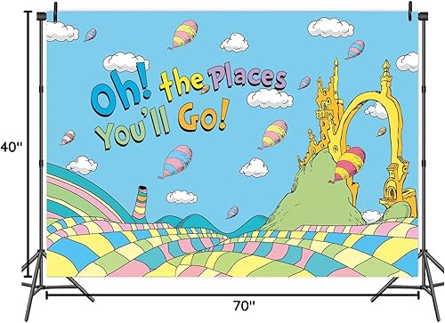 Oh The Places You'll Go - Telón de fondo colorido de bienvenida a la escuela, cielo azul, nubes, fondo de fotografía para niños, baby shower, fiesta disponible en Yaxa Colombia