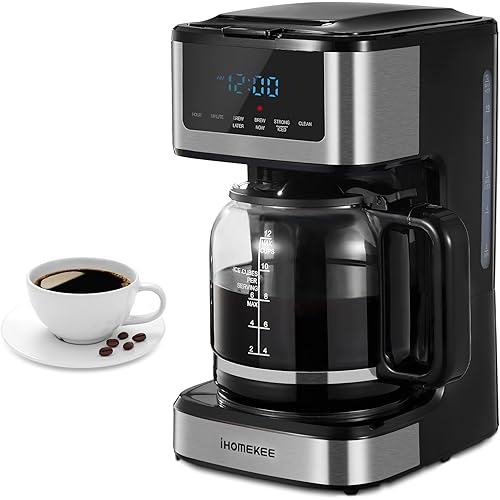 Coffee Maker, Programmable Drip Coffee Maker 12 Cup, Regular & Strong Brew Drip Coffee Machine with Iced Coffee Function for Home and Office, Black & Stainless Steel