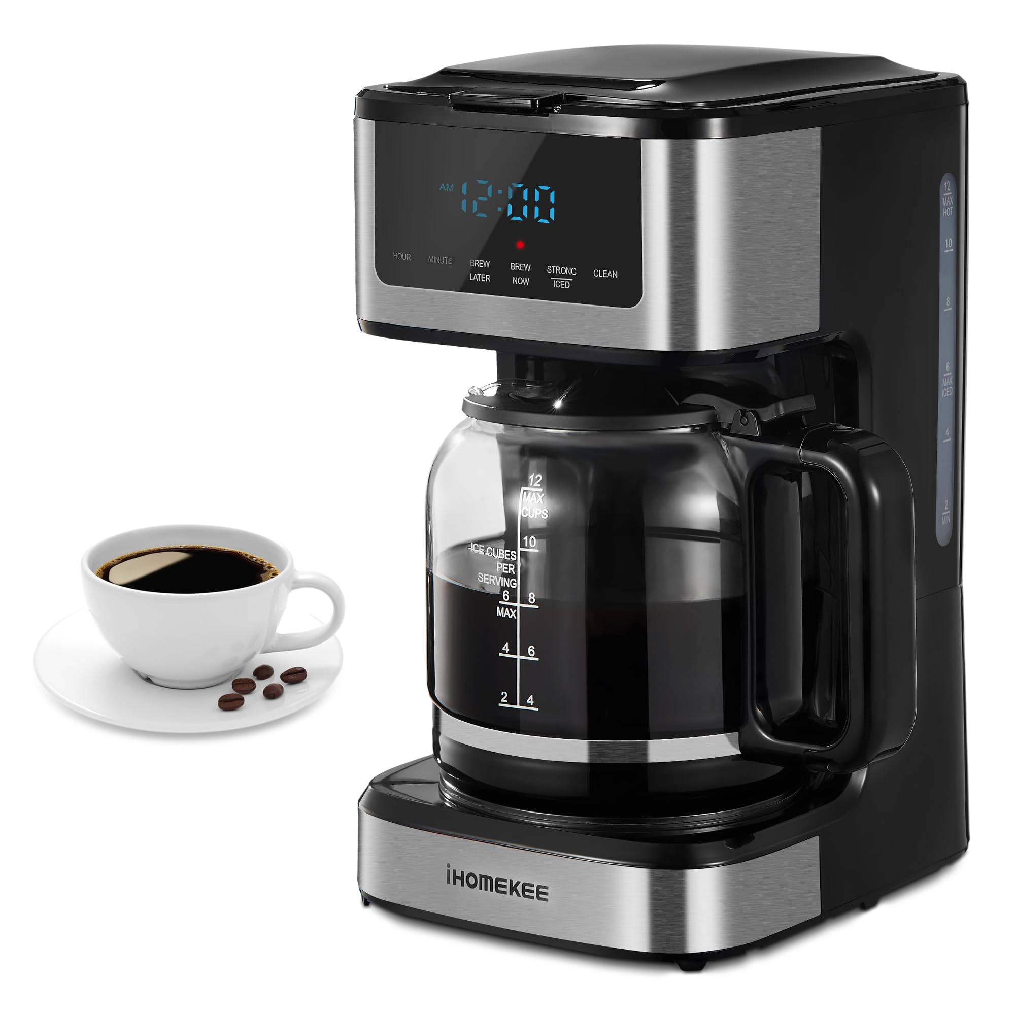 Photo 1 of Ihomekee Coffee Maker, Programmable Drip Coffee Maker 12 Cup, Regular & Strong Brew Drip Coffee Machine with Iced Coffee Function for Home and Office, Black & Stainless Steel (Black,Silver)