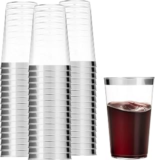 Munfix 100 Silver Plastic Cups 16 Oz Clear Plastic Cups Tumblers Silver Rimmed Cups Fancy Disposable Wedding Cups Elegant Party Cups with Silver Rim