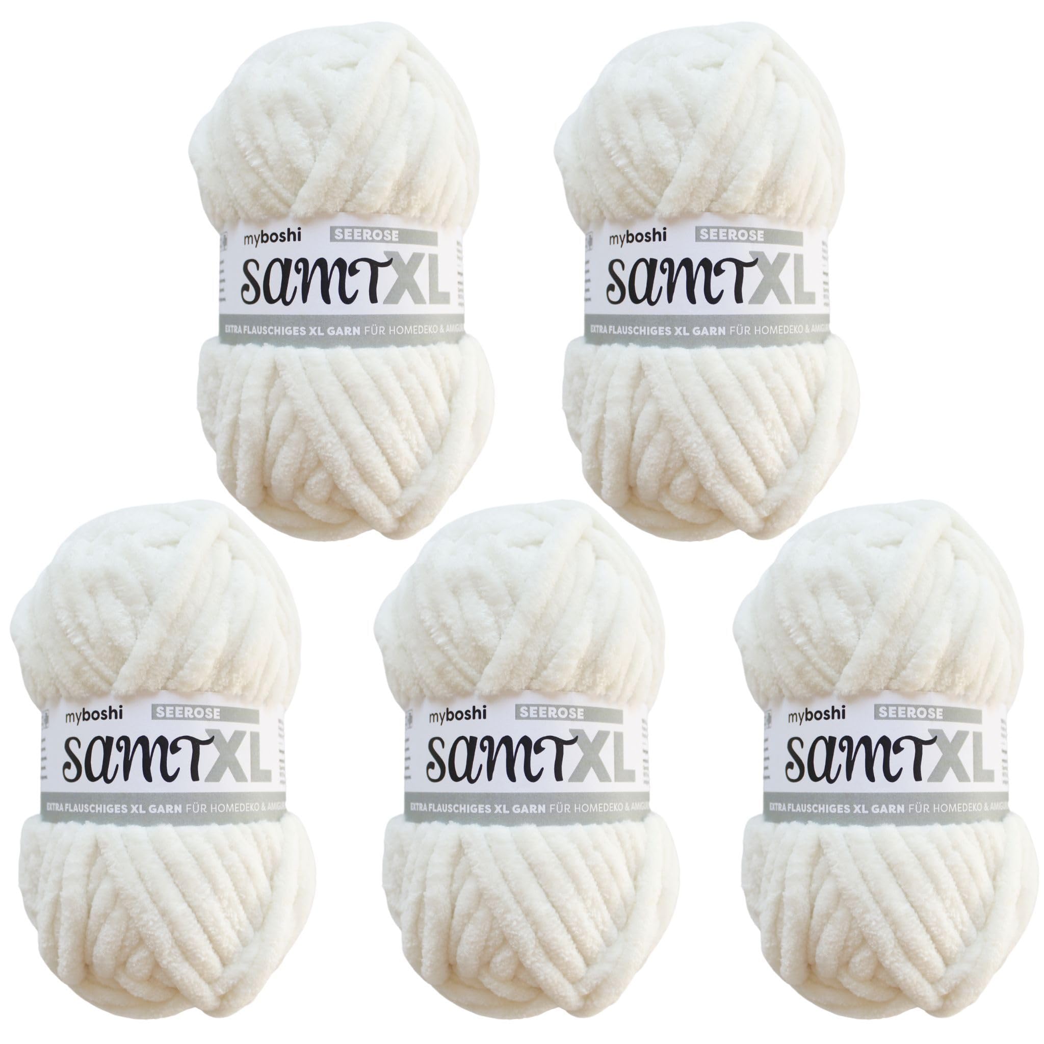 myboshi Samt XL, kuscheliges, extra dickes Chenillegarn, super chunky, zum Häkeln und Stricken, XXL-Knäuel, 100g, Ll 40m, Weiß (Seerose), 5 Knäuel