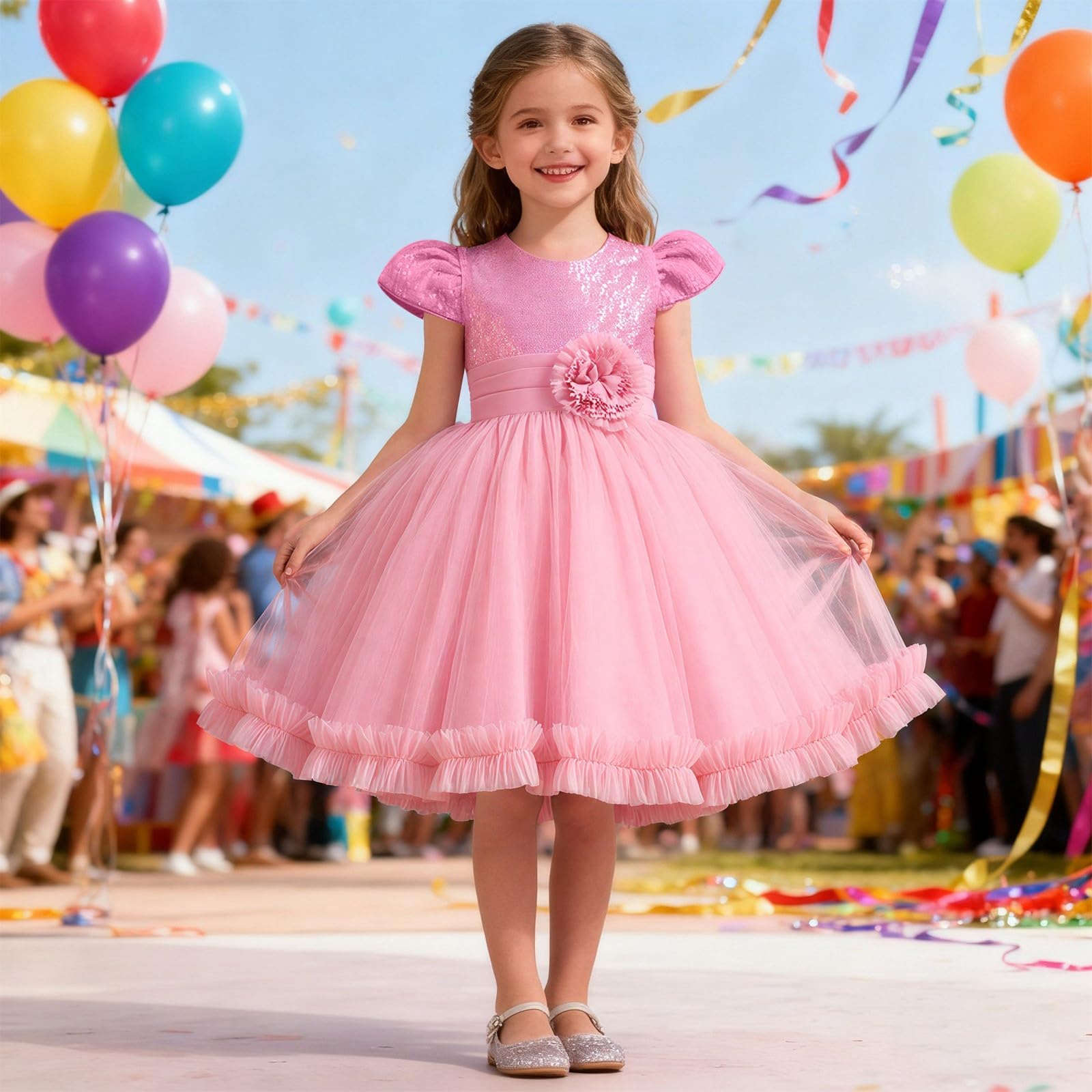 HLTYGWX Kleider Mädchen Kleider Kleider Rock Funkelndes Blumen-Partykleid für Mädchen Kurzarm Tutu-Kleid mit Glitzerdekorationen für Festliche Anlässe