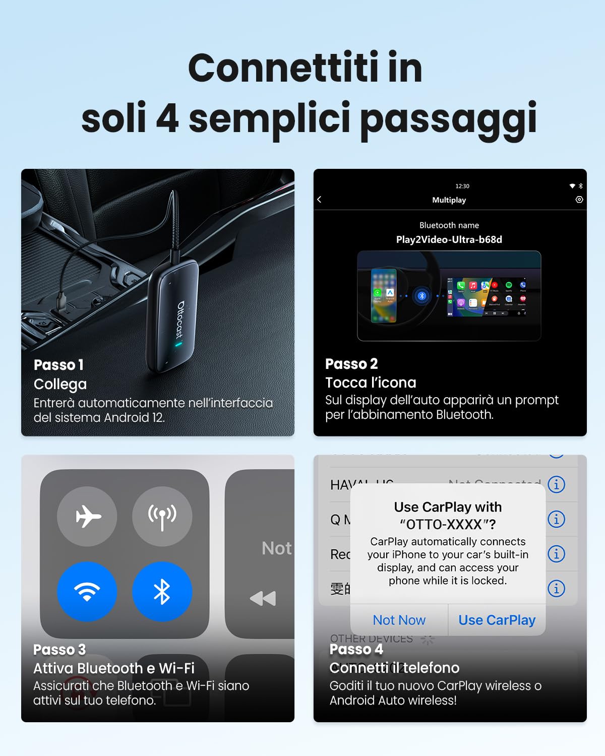 OTTOCAST Play2Video Ultra, 3 in 1 AI Box per Netflix/YouTube/Prime Video, Adattatore CarPlay Wireless e Android Auto con Chiavetta USB, Wi-Fi Dual Band, Bluetooth 5.4, 4GB+32GB, Plug & Play