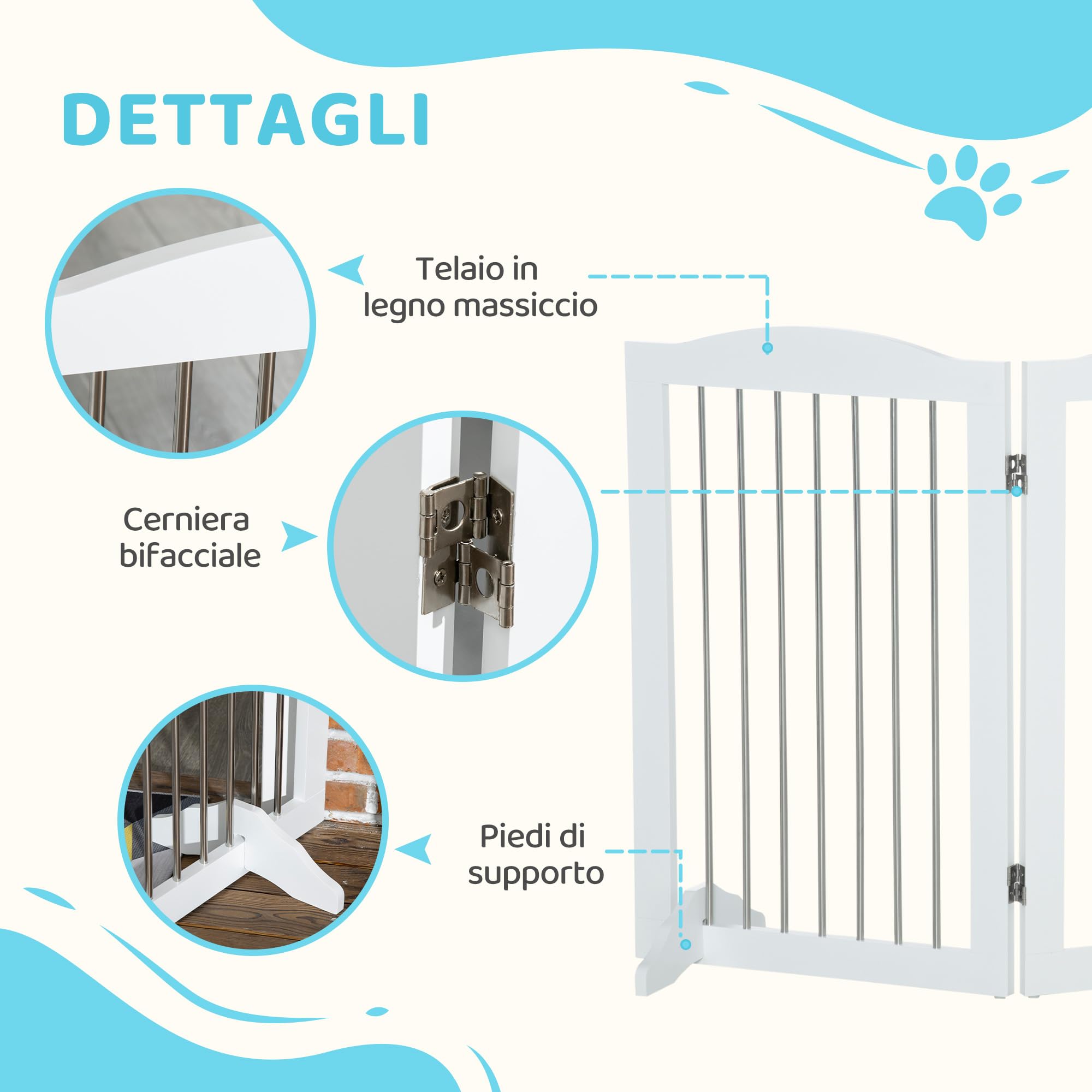 PawHut Absperrgitter Hund Freistehendes Schutzgitter 154 x 80 cm Weiß | Mit Füßen, Hundegitter Klappbar, Treppenschutzgitter, Treppengitter, Hundeabsperrgitter, für Treppen, Türen, 3 Paneelen