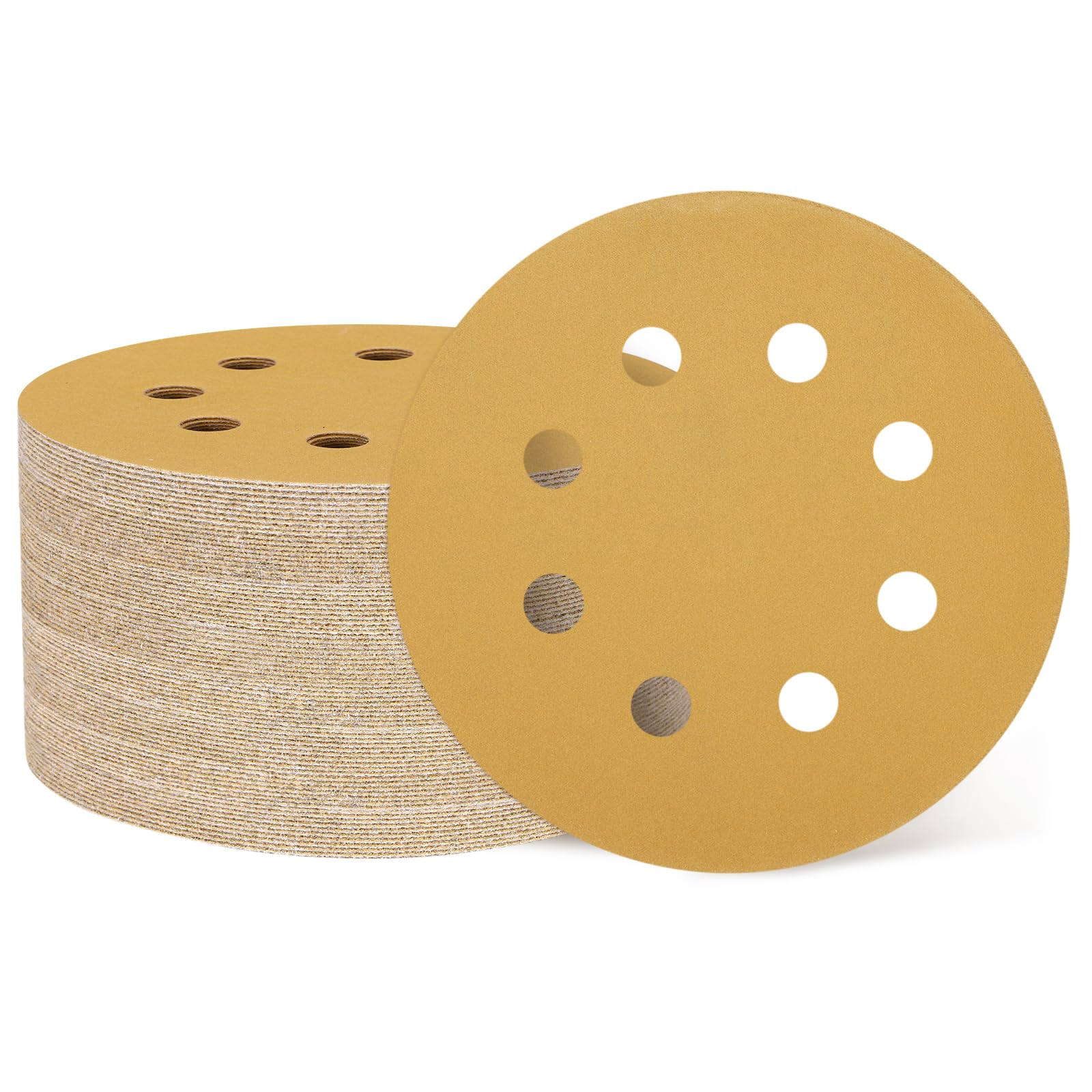 QUARKZMAN 200 Pcs 125mm 5 Pouce Disques de Ponçage 8 Trous 320 Grain Papier de Verre crochet Pads pour Ponçage Orbital Aléatoire pour Travail du Bois Automobile Métal, Or