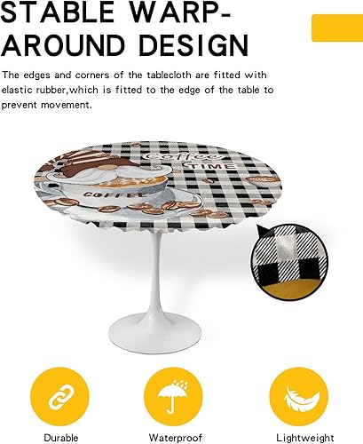 Miniatura 8 de Mantel redondo elástico de Navidad, mantel ajustable de invierno con diseño de muñeco de nieve, copo de nieve, bosque, para mesa redonda, a prueba