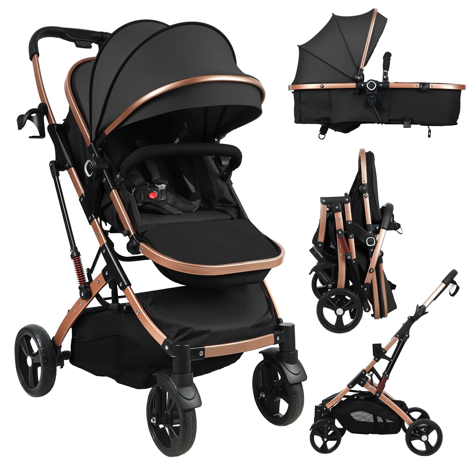 Poussette bébé convertible 2 en 1 avec mode couffin, auvent réglable, siège réversible, poussette pliable, landau de voyage pour nouveau-né pour bébés de à 36 moisBlack