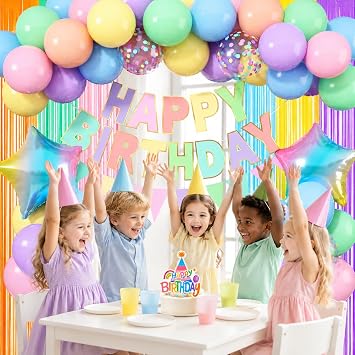 Happy Birthday Banner - 47pcs Pastel Rainbow Birthday Decorations with Balloons & Fringe Curtains - Party Supplies for Girls Women