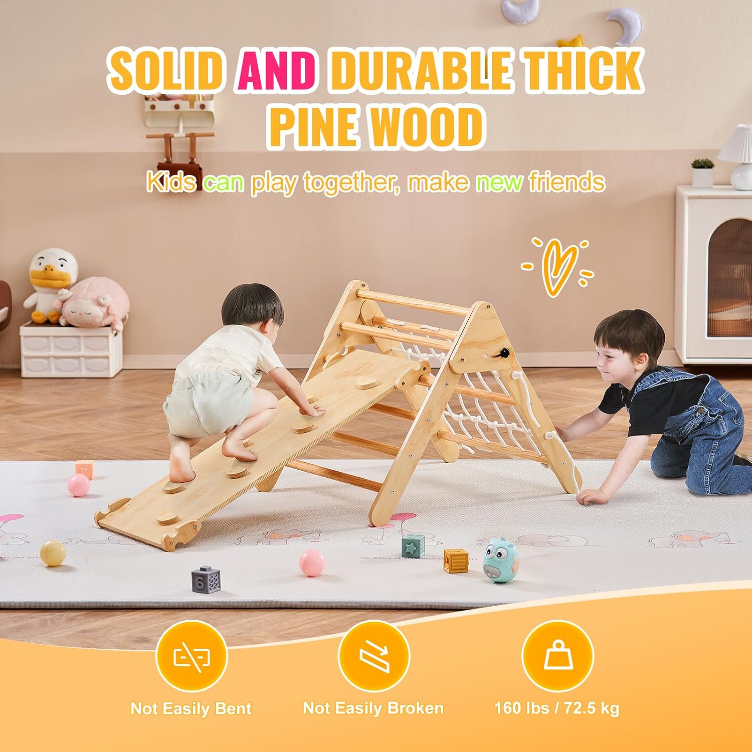 VEVOR Pikler Triangle Set Climber 4 in 1, Montessori Foldable Climbing Set, Large Size Toddler Climbing Toys Indoor with Triangle and Ramp for Kids (Wooden Color)