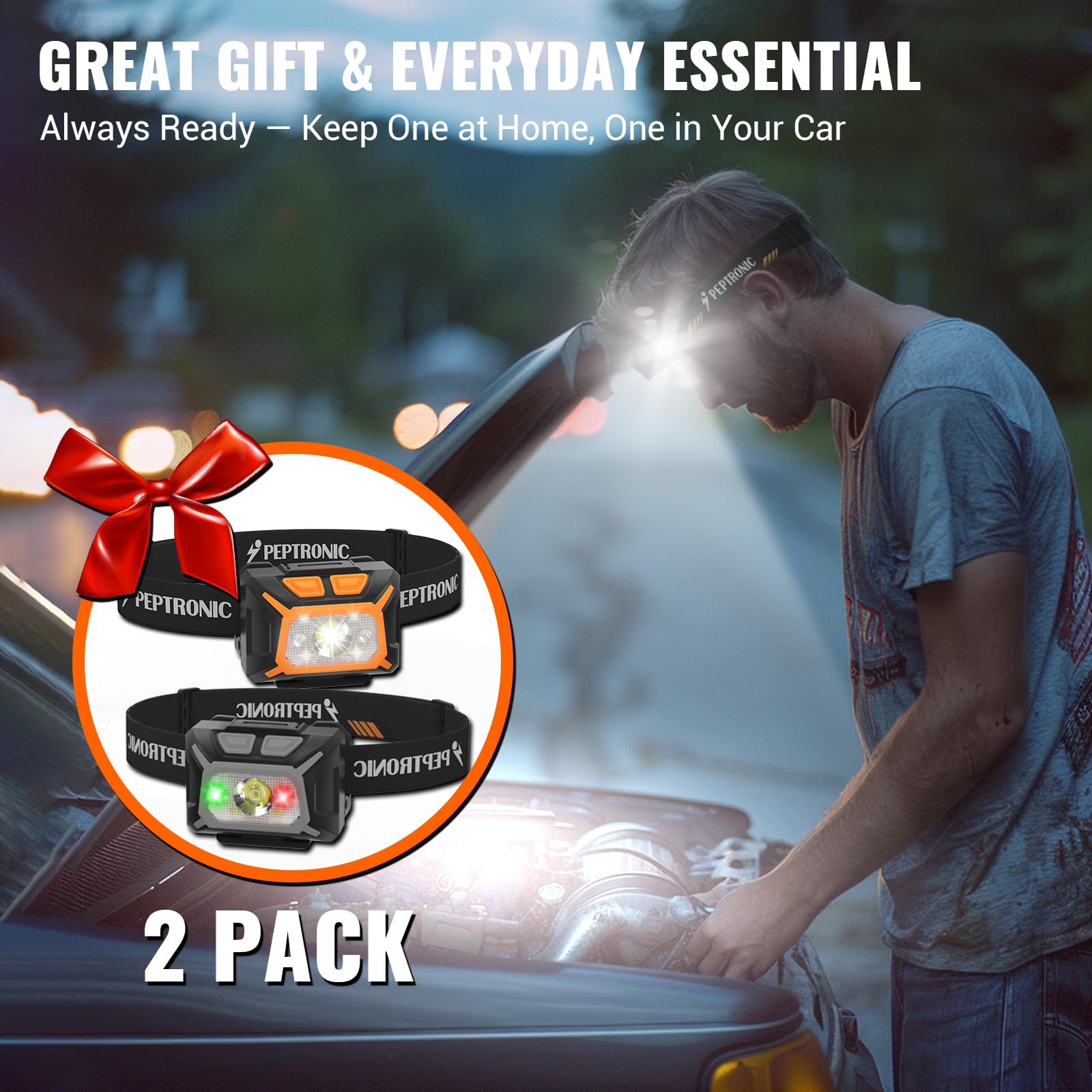 Camping-Stirnlampe, 2 Stück, LED, batteriebetrieben, dimmbar, Kopflampen mit verstellbarem Kopfband, IPX4, wasserdicht, 9 Modi, Rotes, weißes, grünes Licht für Wandern, Laufen, Radfahren