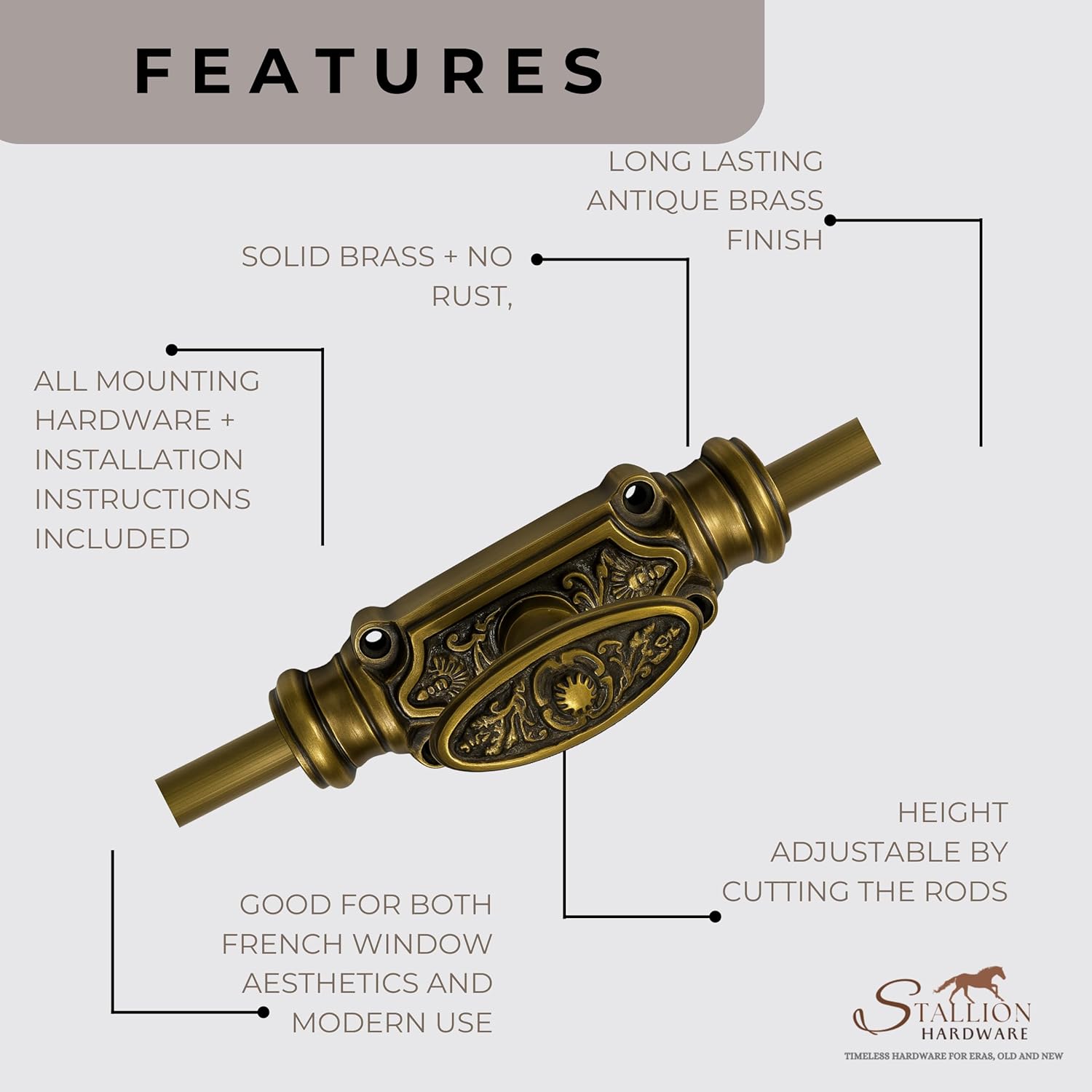 Solid Brass Window Cremone Bolt 6 Feet – Antique Finish, Window Mount, Ornate Floral Design, Customizable Rod Length, Heavy Duty Locking System with Screws Included