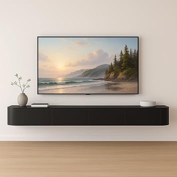 Pre-Assembled Floating TV Stand with Drawers, Rubberwood Wall Mounted TV Console, Modern Media Console for Living Room, Space-Saving Floating TV Cabinet Black, 86.6in/220cm