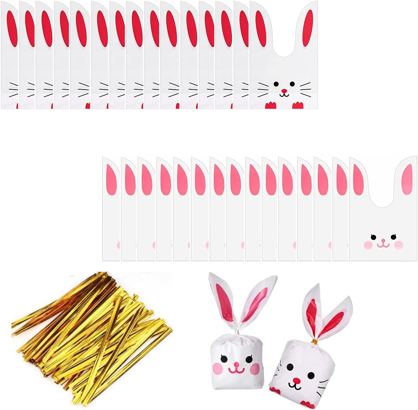 CAVLA 100 Pcs Easter Goodie Bags, Rabbit Ears Design Cute Plastic Gift