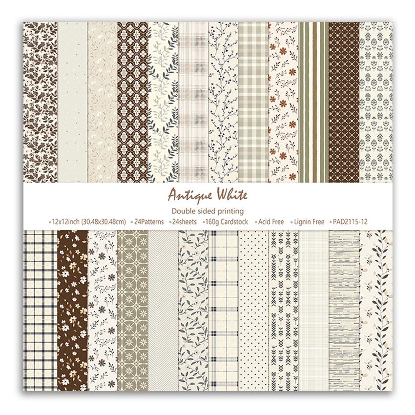 Papier blanc antique scrapbooking 30x30 cm double face motif botanique lot de 24