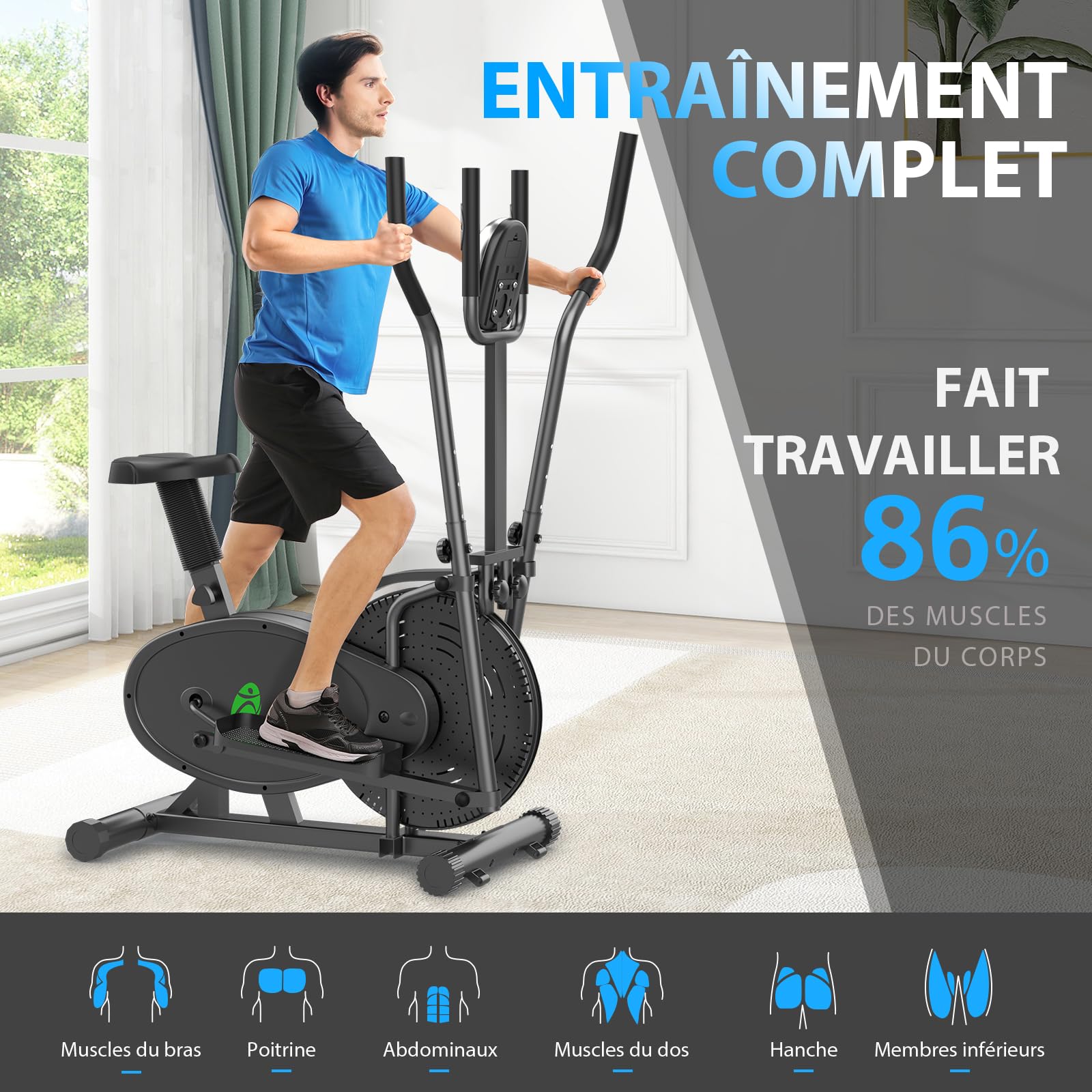 Exerciseur Vélo Elliptique pour la Maison, Vélo d'exercice 2 en 1 avec Siège et Résistance Réglables, écran LCD, Peu Encombrant, Capacité de Charge de 265 LBS