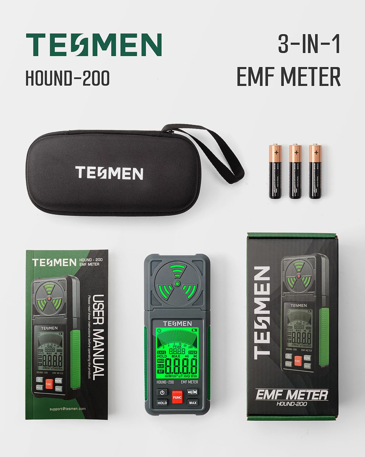 TESMEN EMF Meter, Hound-200 EMF Detector: 3-in-1 Portable Electromagnetic Field Radiation Detector for EF, RF, MF, WiFi Signal, Suitable for Home, Office EMF Inspections and Ghost Hunting - Green