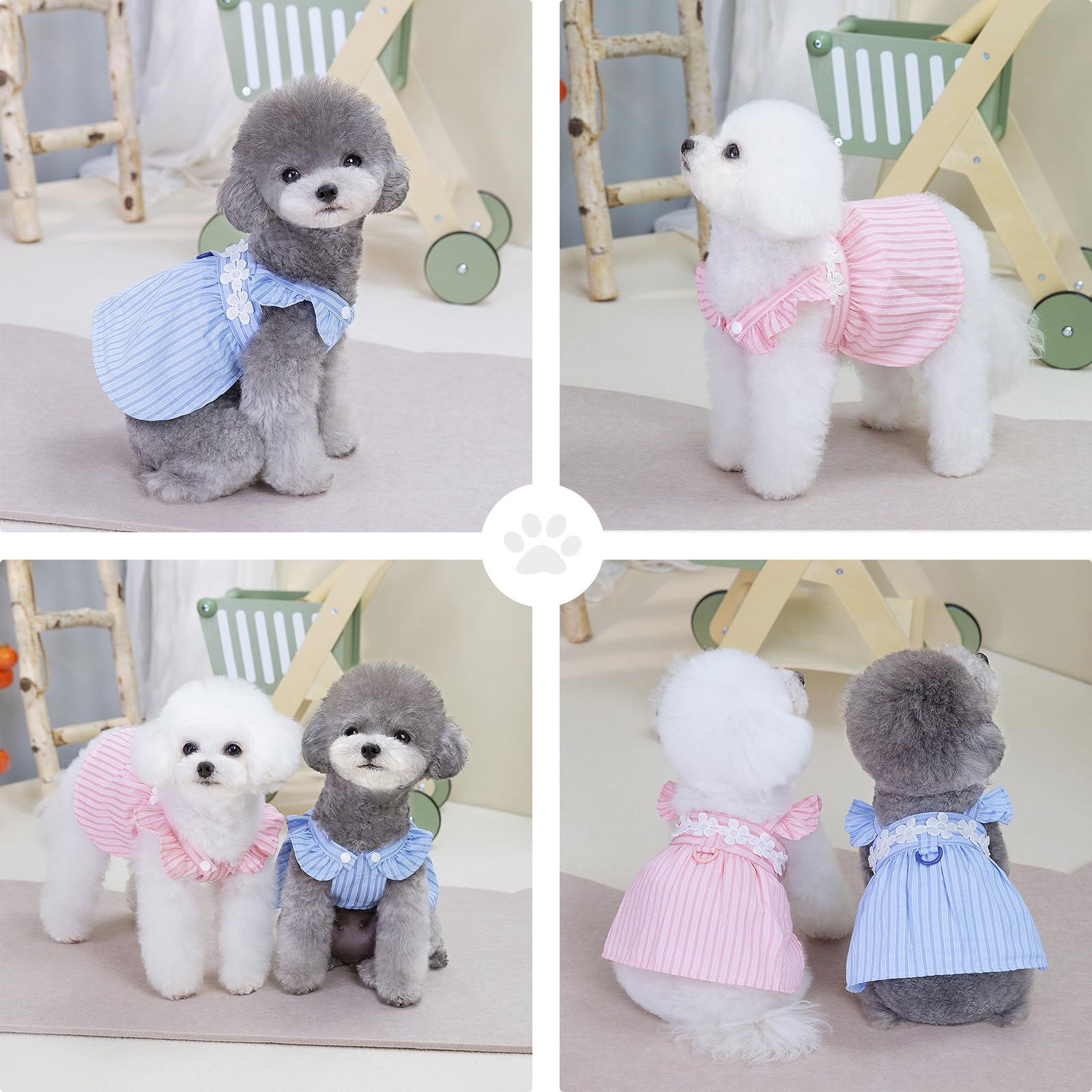 PAIDEFUL Vestito Elegante per Cane Piccolo - Design Estivo a Righe con Ricamo di Fiori, Cinturino, Bottoni - Abbigliamento Fresco da Principessa per Animali Domestici, Costume da Chihuahua