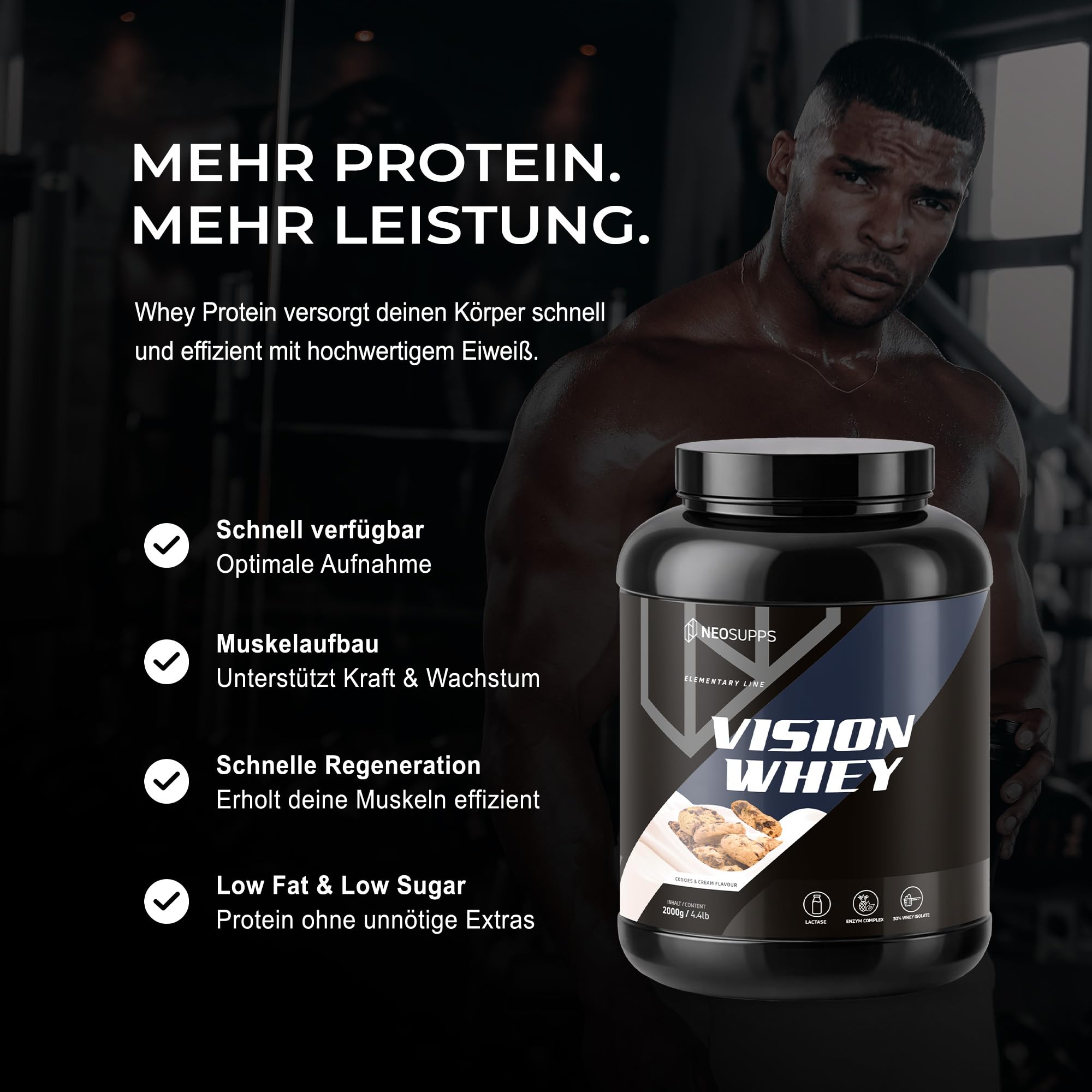NEOSUPPS Vision Whey Protein Cookie Dough 2000 g – Whey Protein Pulver mit hochwertigem Molkenprotein, Eiweißpulver für Muskelaufbau & Diät, Protein Shake für Fitness & Sport, Made in Germany