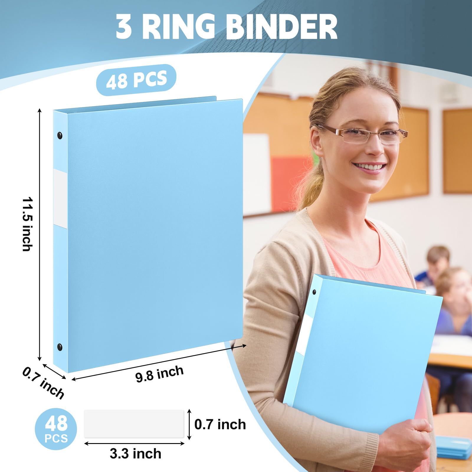 Henoyso 48 raccoglitori a 3 anelli da 1,3 cm, con tasche, capacità 100 fogli, per raccoglitori da 21,6 x 27,9 cm, per forniture scolastiche, ufficio o organizzazione (azzurro)