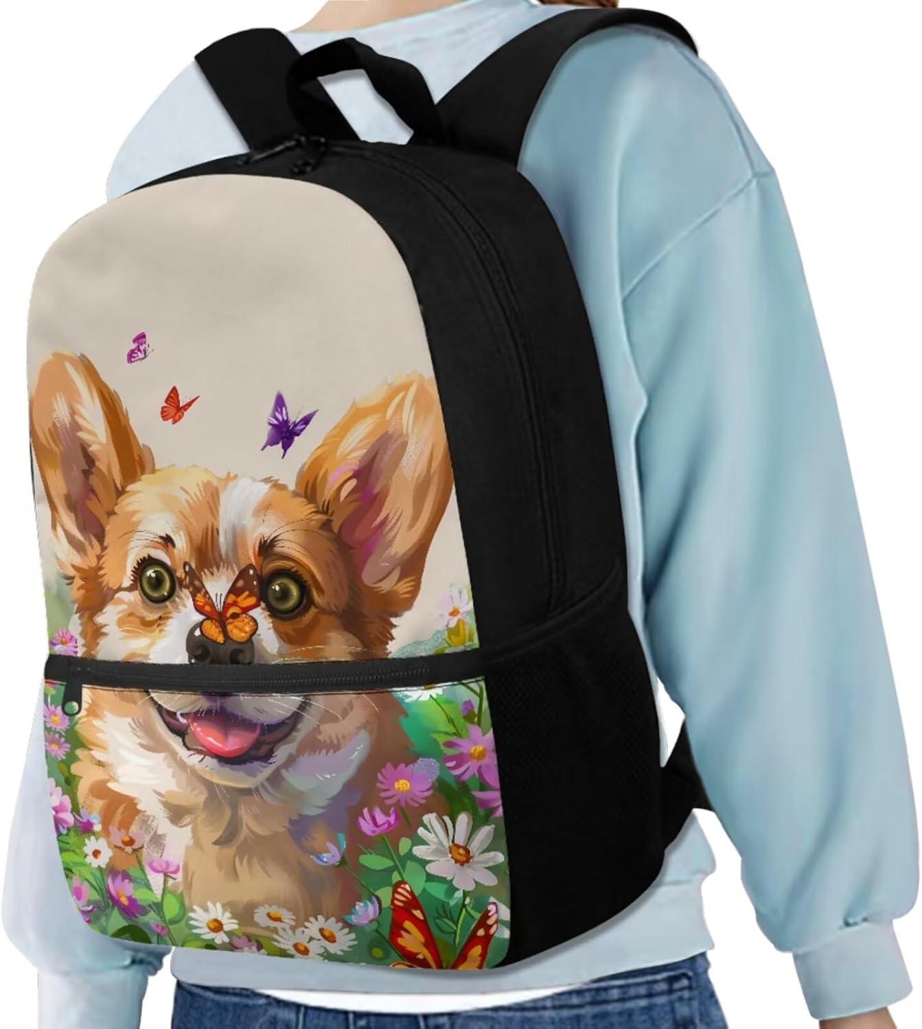 Kawaii Corgi Boys Backpacks for Elementary for Boy Large Capacity Lunch Bags for Teens with Zipper Pencil Pouches and Water Bottle Cover Sleeve for Junior Middle School