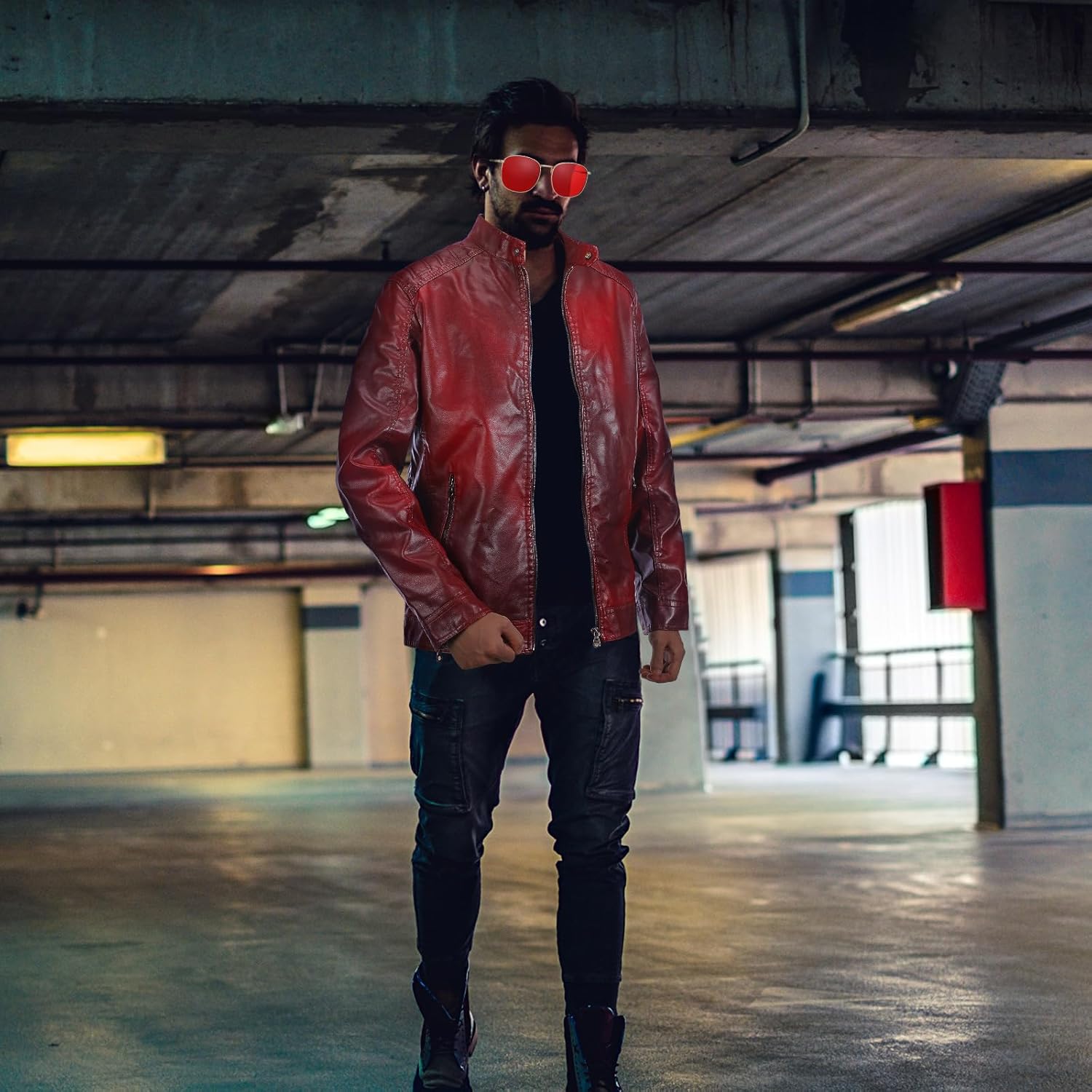 Red Men Leather Jacket Racer Style Casual Leather Jacket with Red Sunglasses Halloween Cosplay Costumes - Image 6