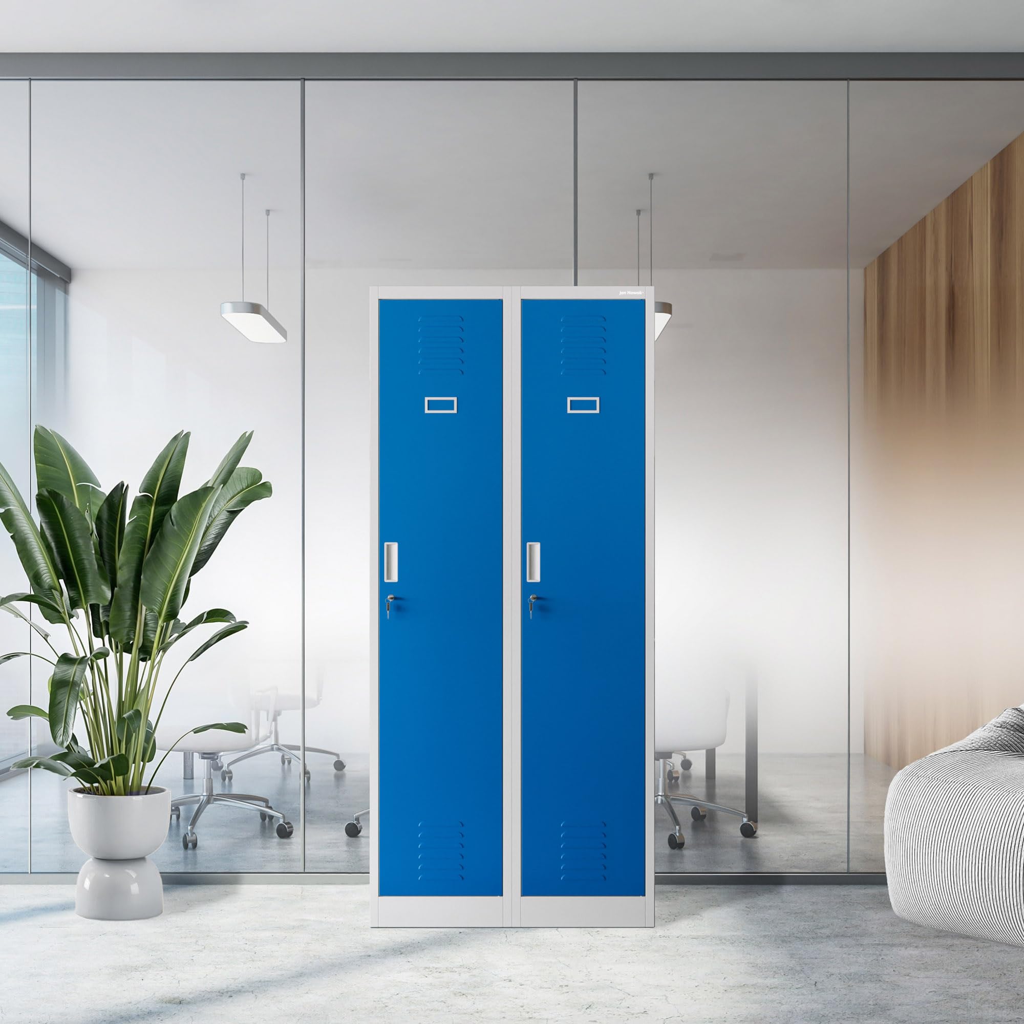 Jan Nowak Spind Schrank, Metallschrank, Kleiderschrank, Schließfachschrank | 2 Abteile mit Kleiderstange, Trennwände, Lüftungsschlitze, 4 Kleiderhaken pro Abteil | 180 cm x 80 cm x 50 cm, Grau-Blau
