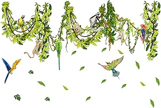 Tropical Rainforest Decals - Green Leaves, Parrots, Jungle Animals - Monkey Climbing Tree Wall Stickers, Monkey Wall Decal, Tropical Plant Vine Green Leaves Monkey Parrot Bird Decals