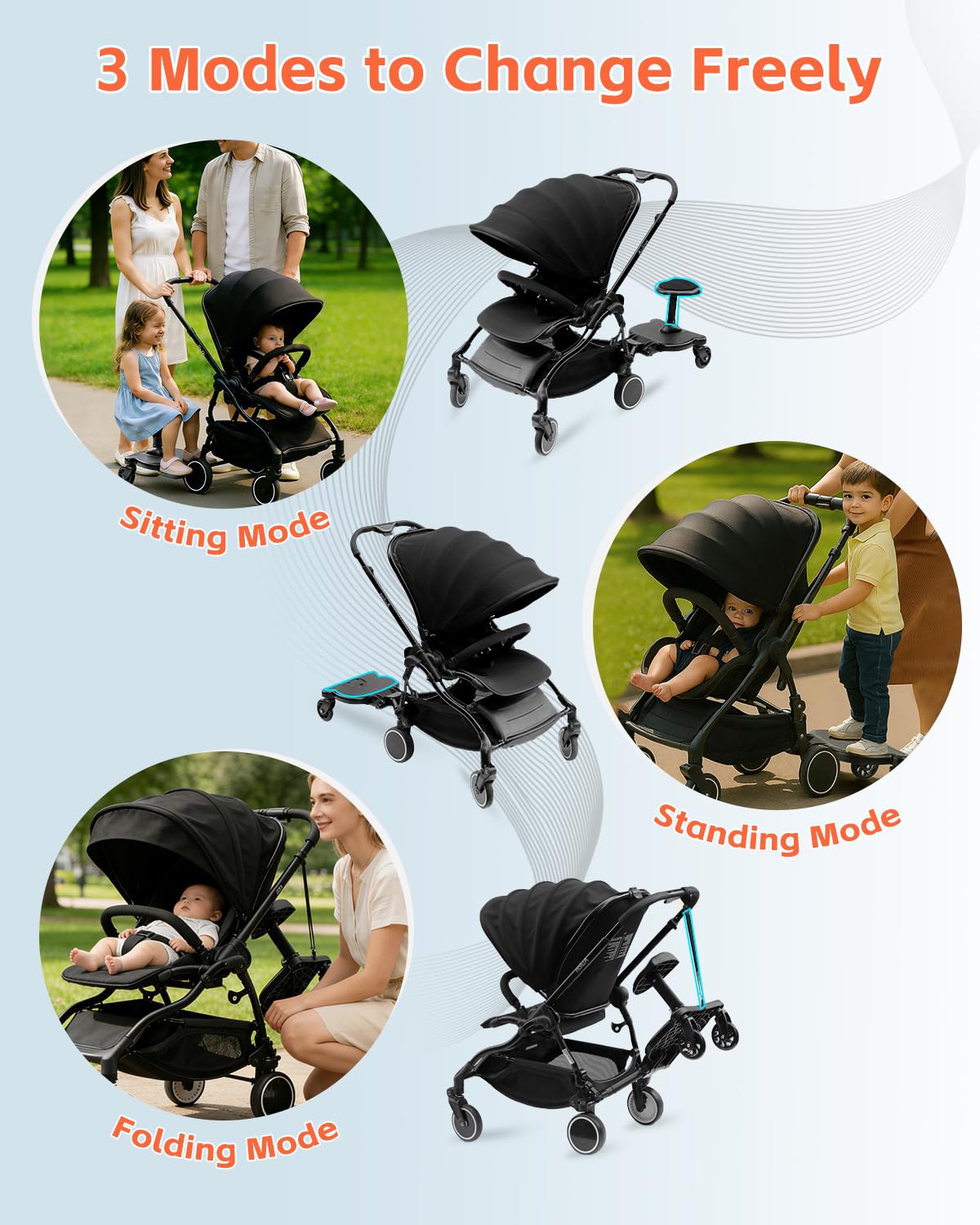 Vihir Planche Poussette Universelle avec Siège, Planches à roulettes pour bébé, Marche Pied Poussette pour Enfants de 2 à 6 Ans (25KG), Renouveler complètement