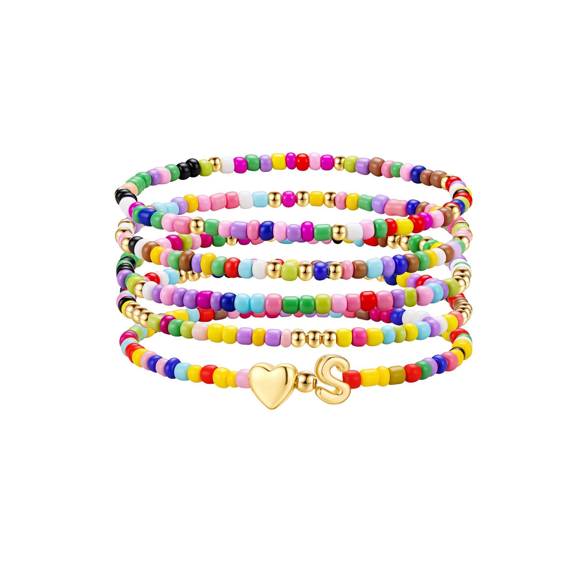 TINGN 5 Stück Bunte Perlen Armband Damen Mädchen Handgefertigt Perlen Armband mit Buchstaben Boho Herz Armbänder Stapelbare Armbänder Set Personalisierte Geschenke für Frauen Teenager Mädchen Schmuck