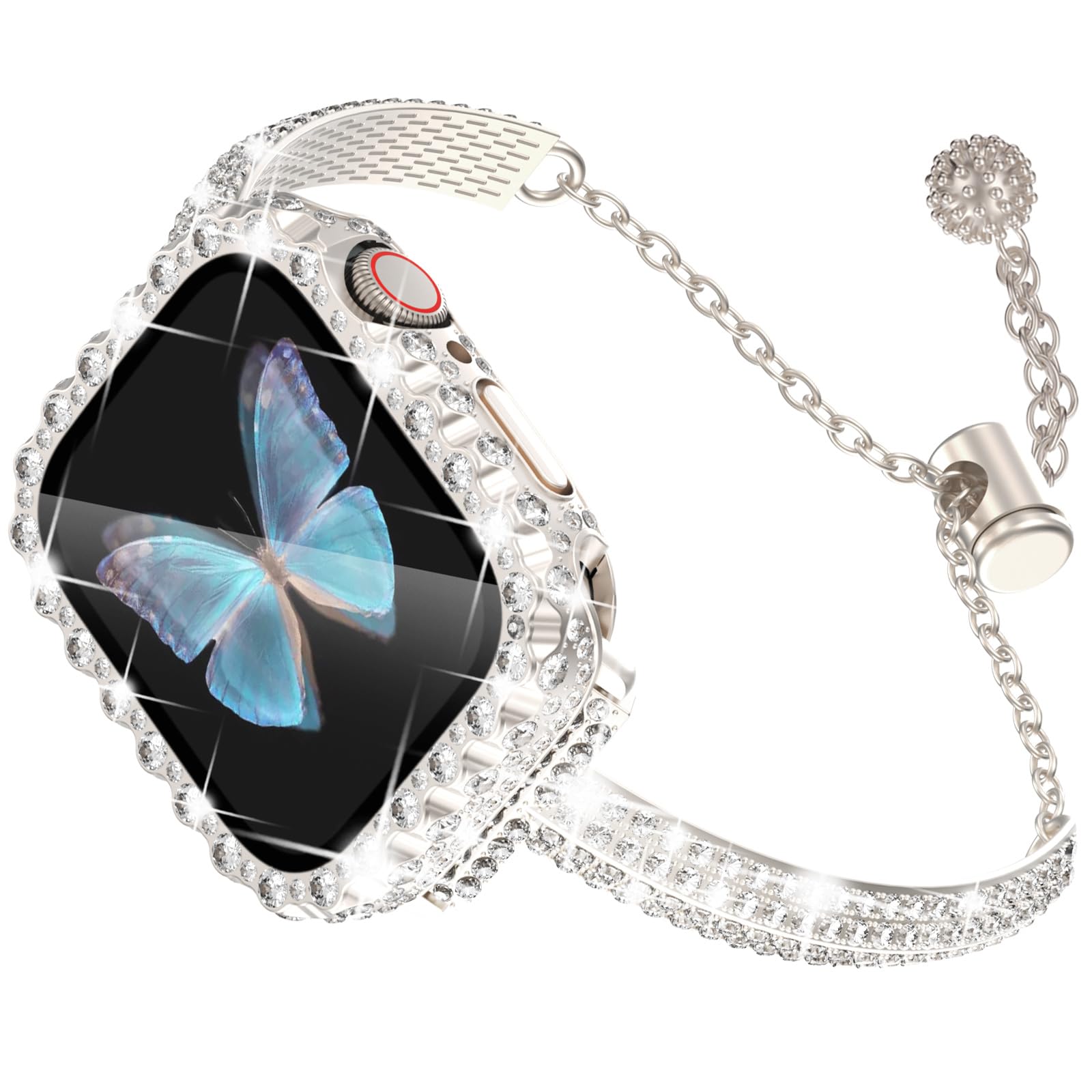 WINGLE Compatible for Apple Watch Bands 41mm 40mm 38mm 45mm 44mm 42mm Women Series 9 8 7 SE 6 5 4 3, Bling Diamond Rhinestone Bracelet with Waterproof Bling Case Lace Edge Diamond Face Cover