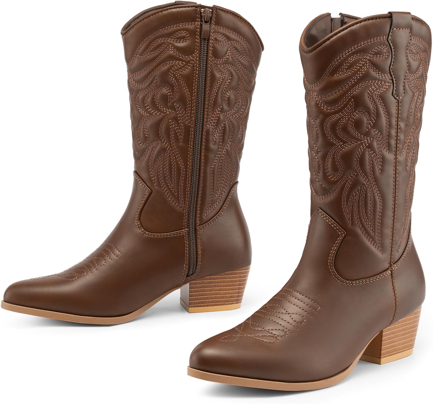 Dodow Womens Cowboy Cowgirl Boots Chunky Heel Pointed Toe Embroidered Short Western Ankle Booties