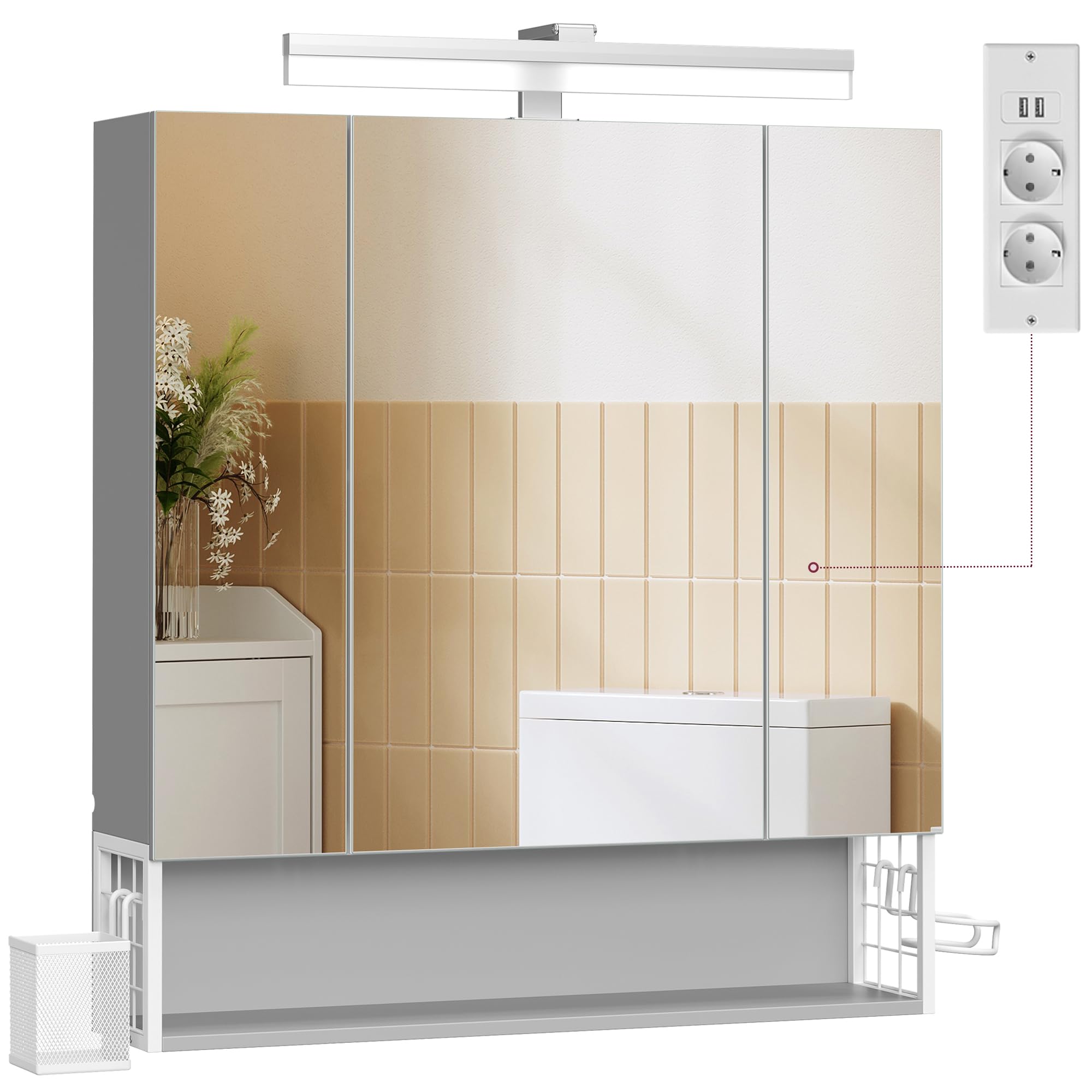 VASAGLE Spiegelschrank Bad mit Beleuchtung, Stecker, Hängekorb, Haartrockner-Halter, Badezimmerschrank, Badschrank, Wandschrank, 70 x 16,5 x 75 cm, 3 Spiegeltüren, wolkenweiß-Taubengrau BBK126G01