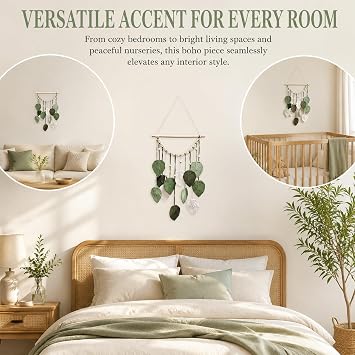 Macrame Wall Hanging Boho Wall Decoration with Leaves and Wooden Beads 40 x 65 cm Handmade Tapestry for Living Room Bedroom Office Hallway (Green & White)