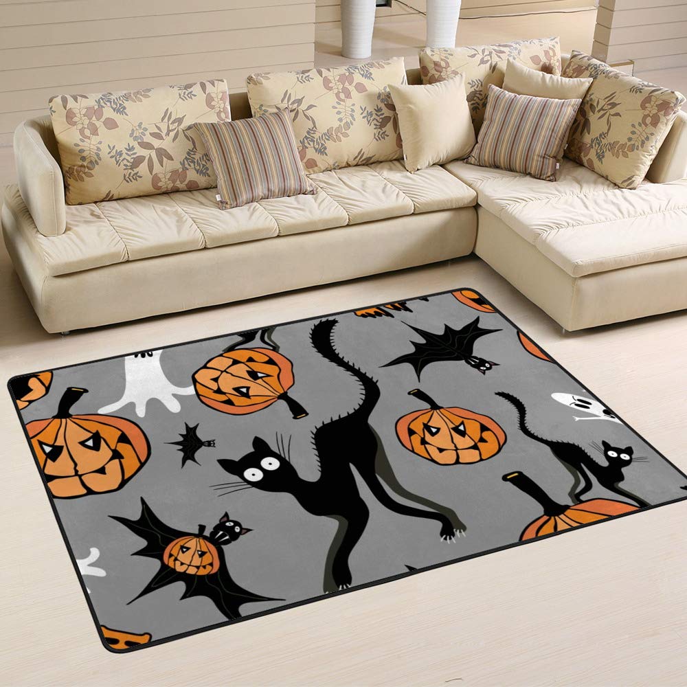 Tapis Halloween durable en velours corail doux motif chat fantôme cartoon