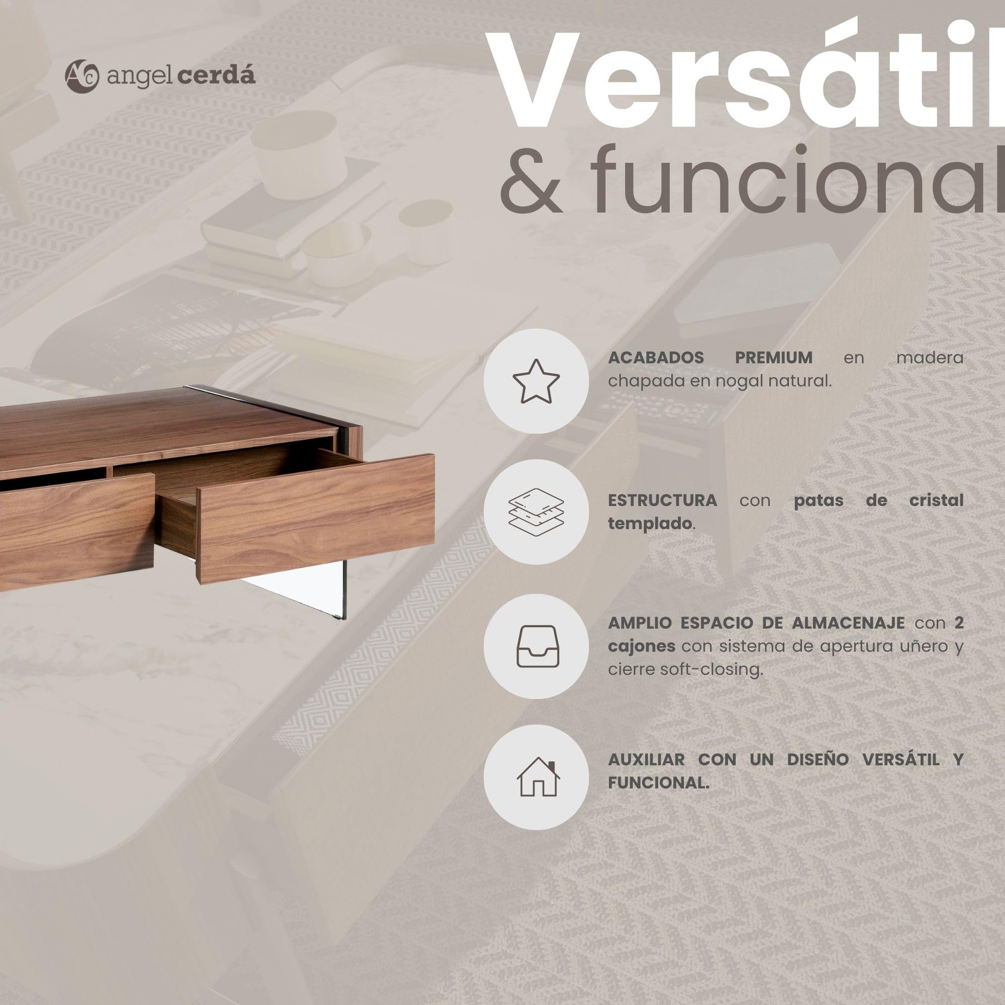 Angel Cerdá – Mesa Centro Diseño con Laterales de Cristal y Tapa de Nogal | Mesa de Centro Rectangular con Almacenaje | Patas de Cristal | Ideal para Salón | 127 x 59 x 41 cm