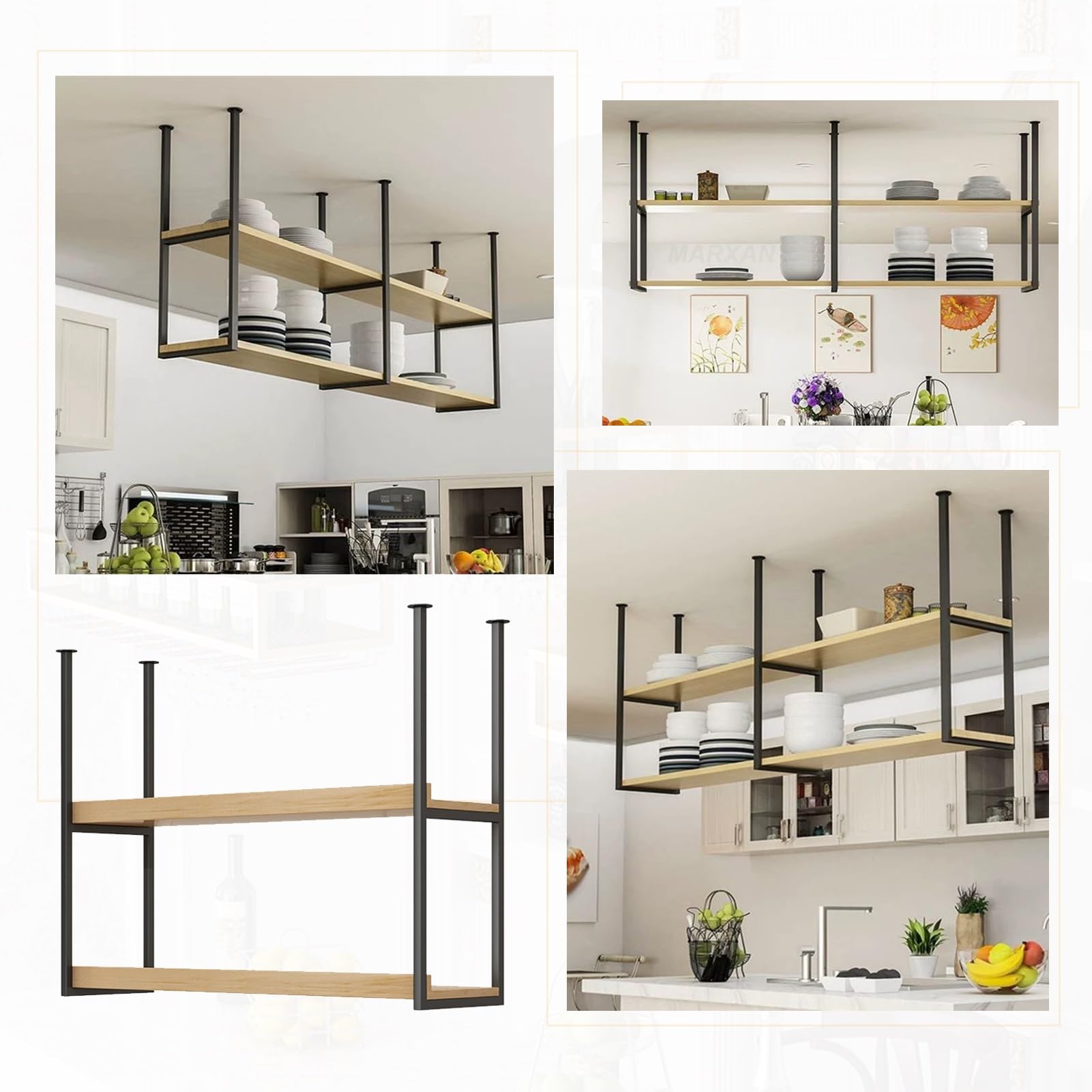 MARXAN Support de Rangement Suspendu en Bois Massif en métal pour Bar/Restaurant/Maison – étagère de Plafond pour Verres à vin, Bouteilles et Plantes