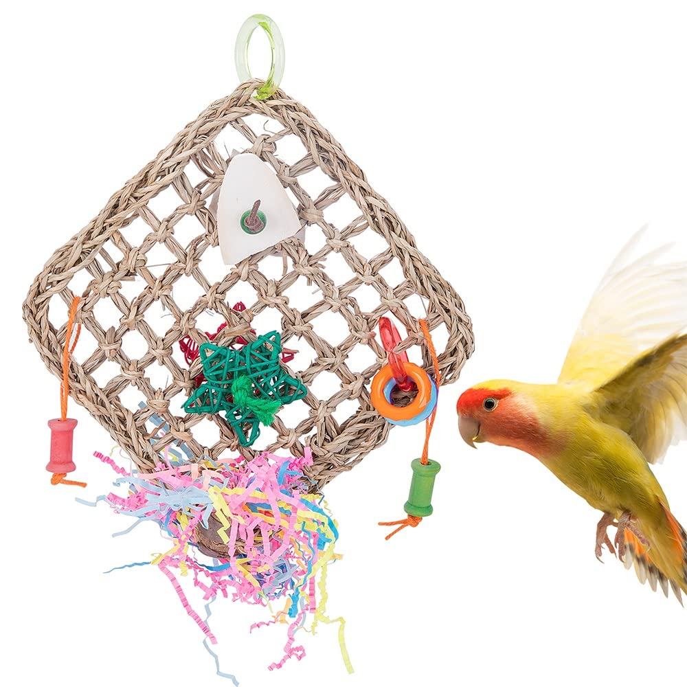 ArinkO Red de Escalada para pájaros con Cuerda Natural, Juguete con Hueso de Sepia para Loros, cacatúas y periquitos, Masticar, Entrenar, Columpio de Hamaca (Plata)