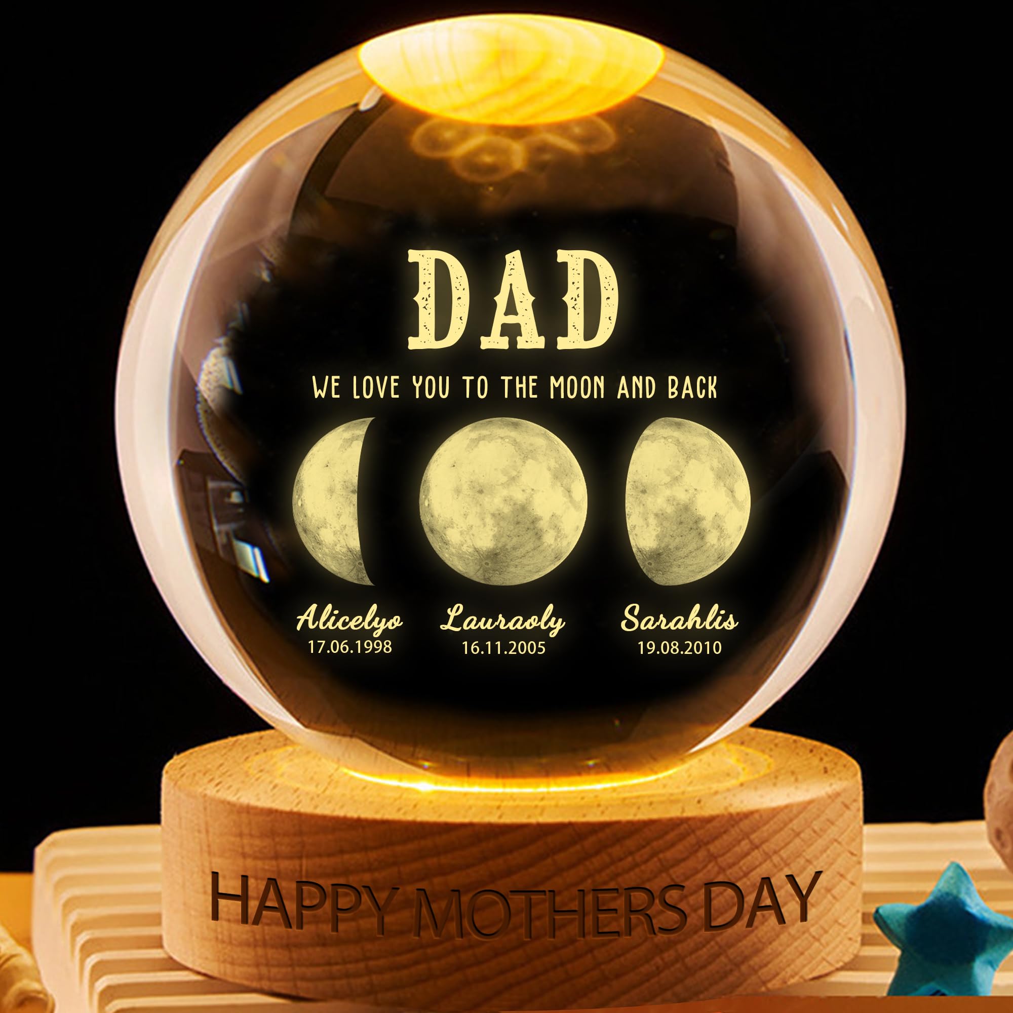 We Love You To The Moon And Back Personalized Moon Phase Crystal Ball Night Light Custom Family Names & Birthdates with Wood Base LED Night Light Keepsake Gifts for Mom Dad Grandma Grandpa Birthday