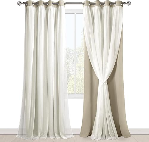 Miniatura 7 de Hiasan Cortinas opacas de doble capa con superposición transparente, mezcla y combina con aislamiento térmico y ojales, cortinas de oscurecimiento