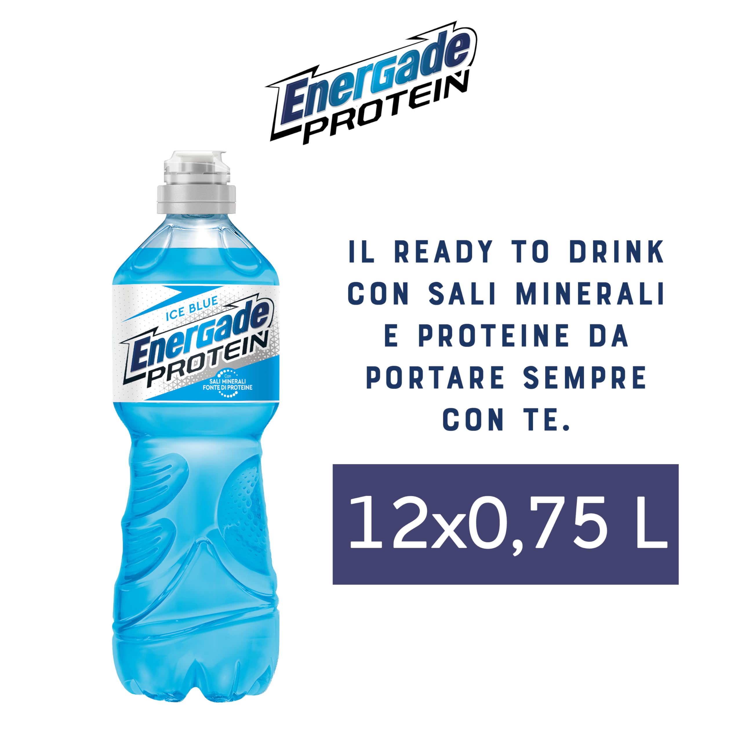 Energade Protein, Bevanda Reintegrante 12x0,75L, Gusto Ice Blue, Con Sali Minerali e Proteine, Perfetta Per L'Attività Fisica, Tappo Push&Pull, Formato Sportivo per Idratazione in Movimento