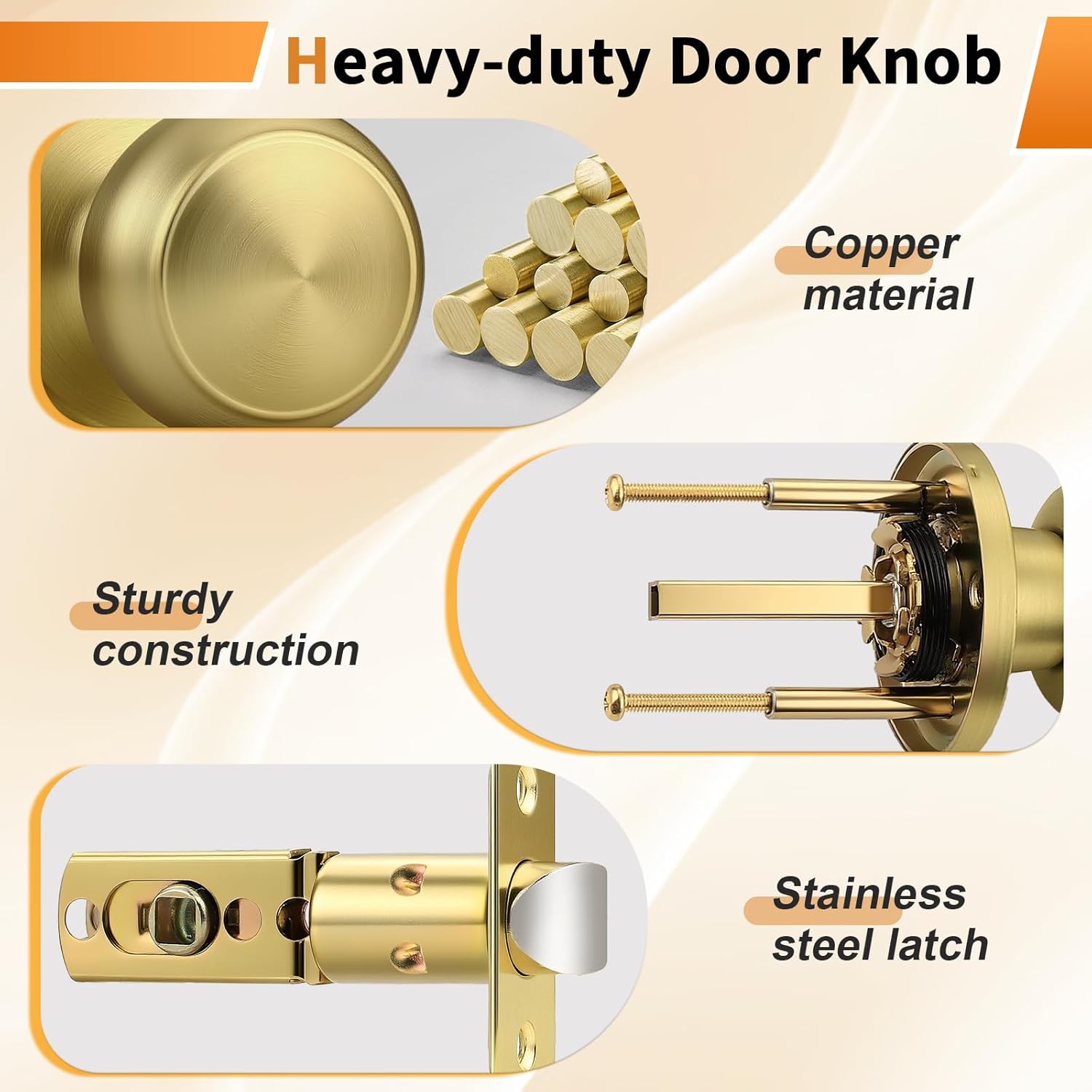 Probrico Brushed Brass Door Knobs for Hall Closet, Interior Door Knob with Round Ball, Gold Passage Door Knob, 3 Pack