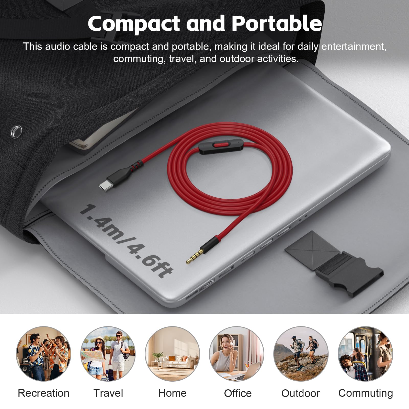 Cable de audio USB C Solo 4, cable auxiliar de audio de repuesto Solo 3 con control de micrófono en línea compatible con auriculares Beats Studio Solo Pro Detox Mixr Executive Pill para dispositivos