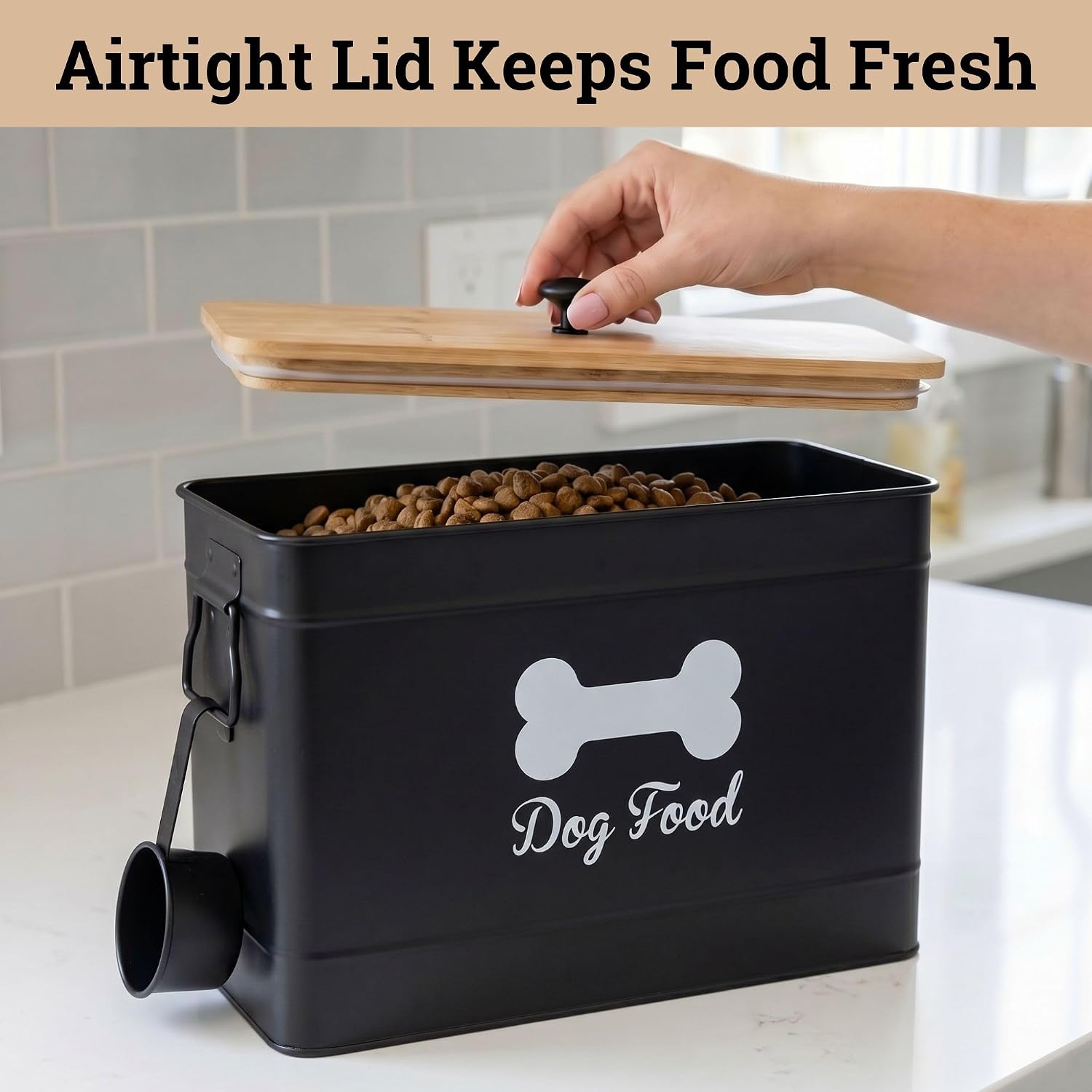 Metal Dog Food Container 15-20 lbs w/ Airtight Bamboo Lid, 70 Cup Capacity