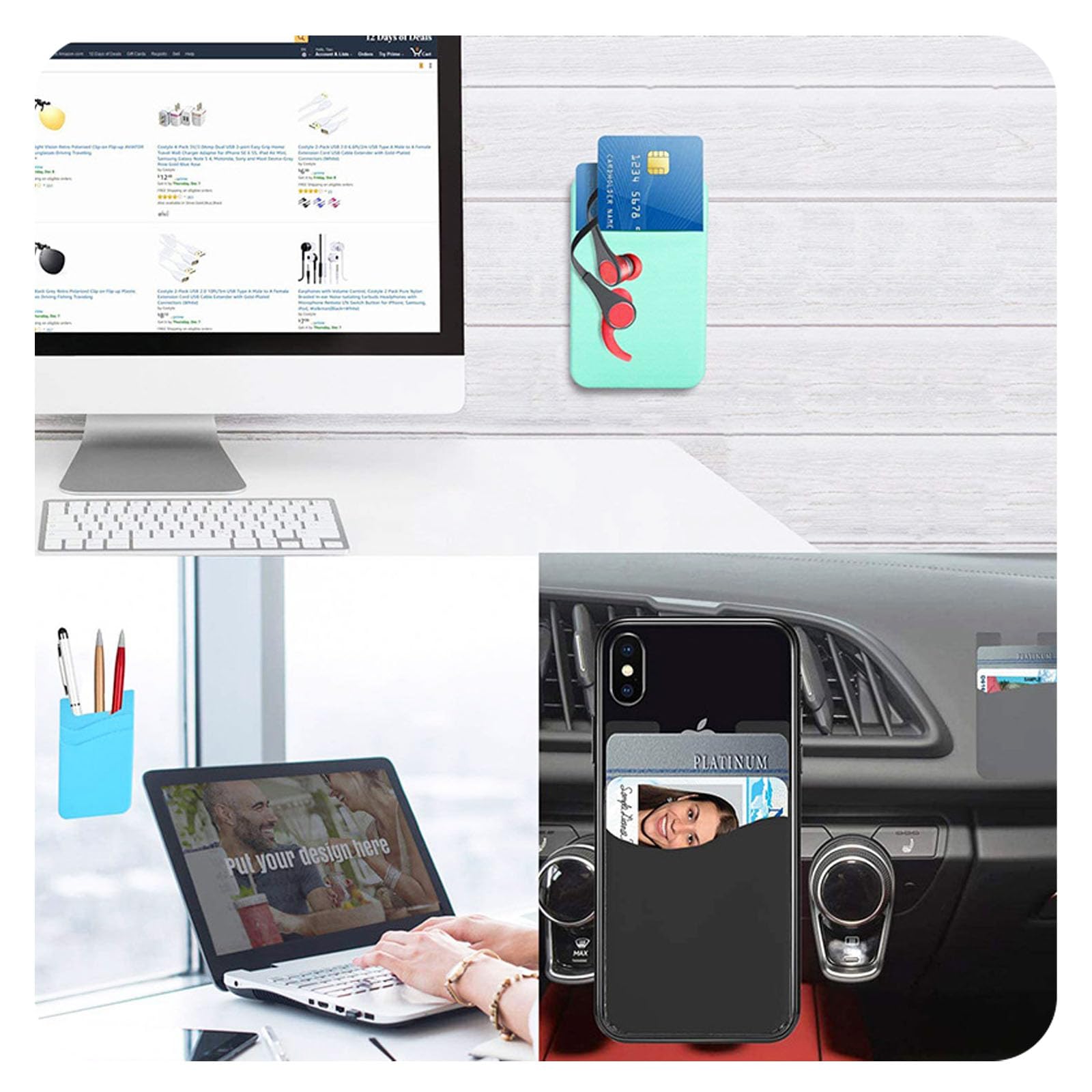 Confezione da 4 porta carte adesive per telefono, in silicone, autoadesivi, per retro del telefono, portafoglio per cellulare, carte di credito, Nero Bianco Grigio Grigio Chiaro, ALL PHONE,