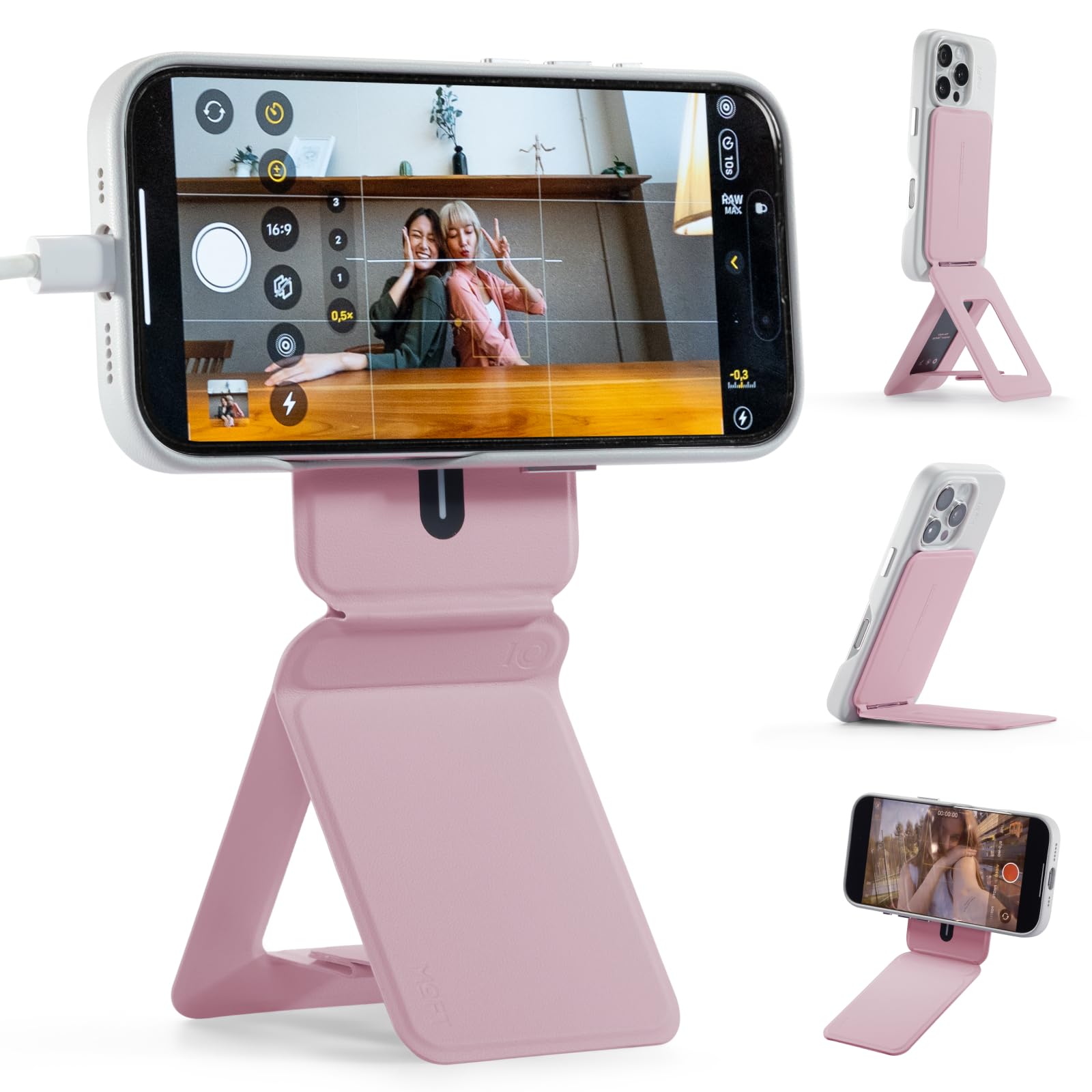 moft phone tripod stand selfie stick for iphone, multi-angles iphone stand, lightweight & portable phone holder, strong magnets, movas vegan leather, travel essentials, blush(without card slot)
