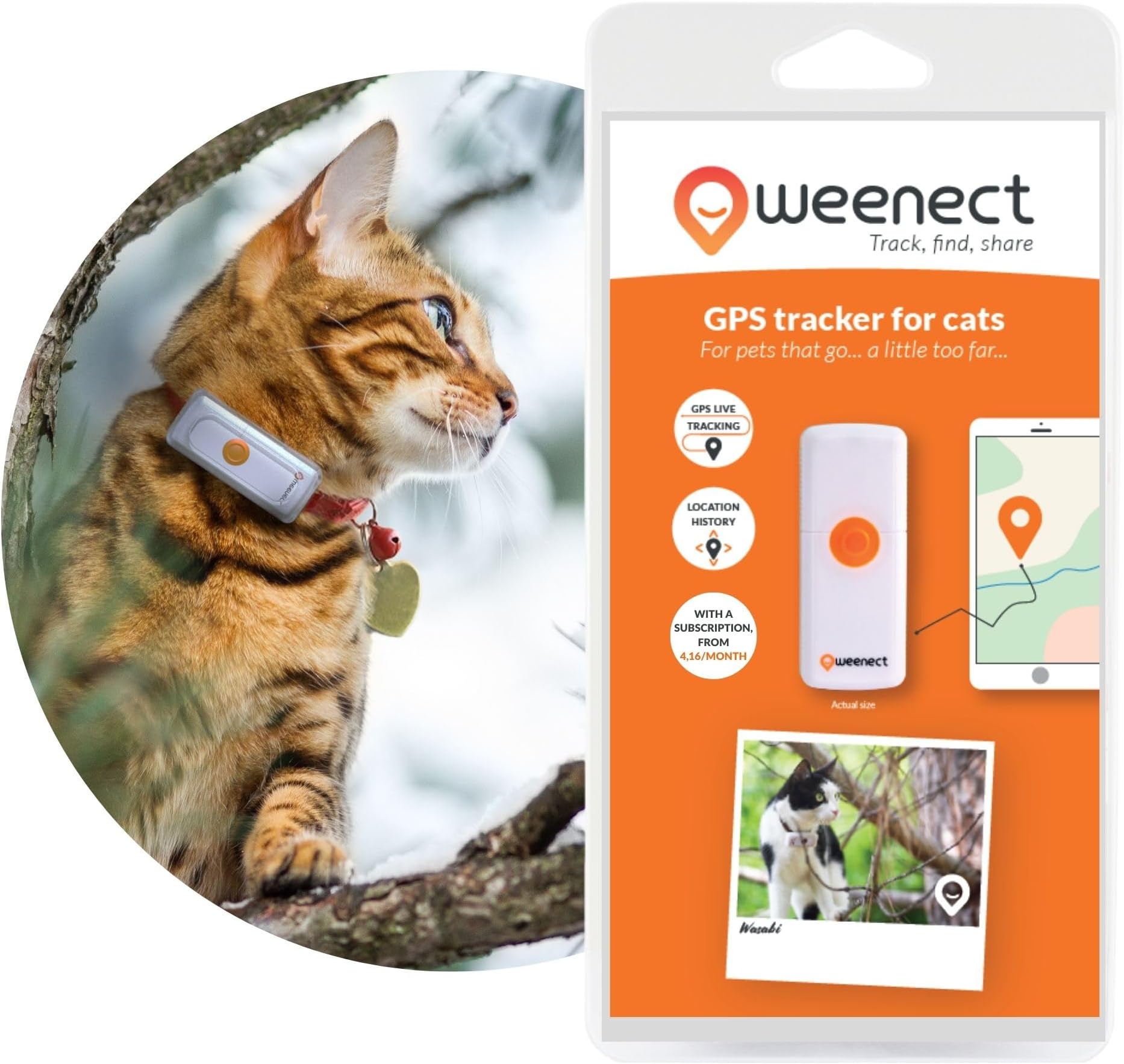 Weenect Cats 2 - GPS tracker for cats | Real-time GPS tracking | No distance limit | Smallest tracker on the market | Subscription required