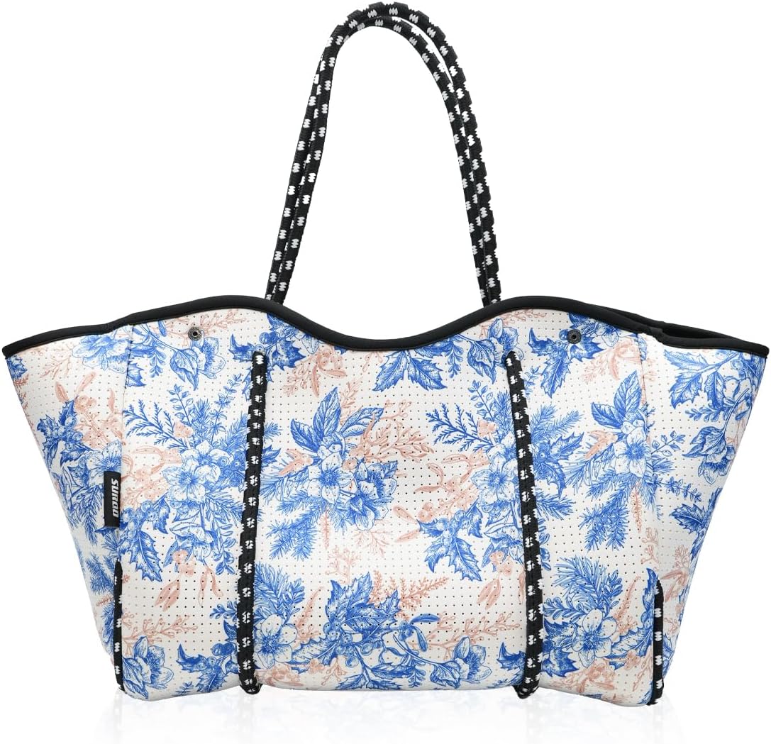 Neoprene Tote Bag for Women, Large Travel Beach Bag with Detachable Pouch, Stylish Lightweight Everyday Carryall