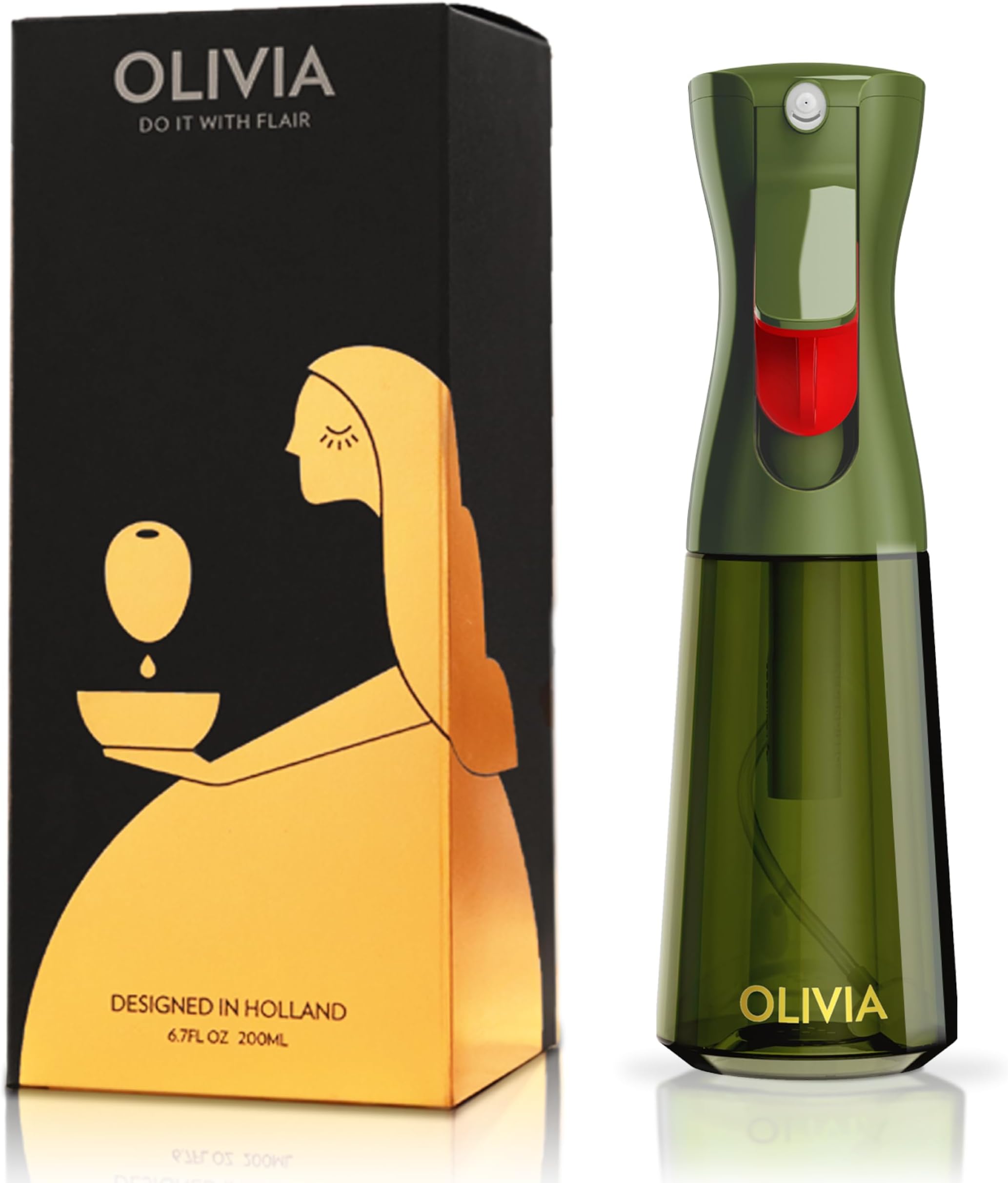 FLAIROSOL Olivia Oil Sprayer for Cooking, 200ml Glass Olive Oil Sprayer, Continuous Cooking Spray Dispenser with Portion Control for Kitchen, Air Fryer, Salad(Green Bottle, Gold Print)