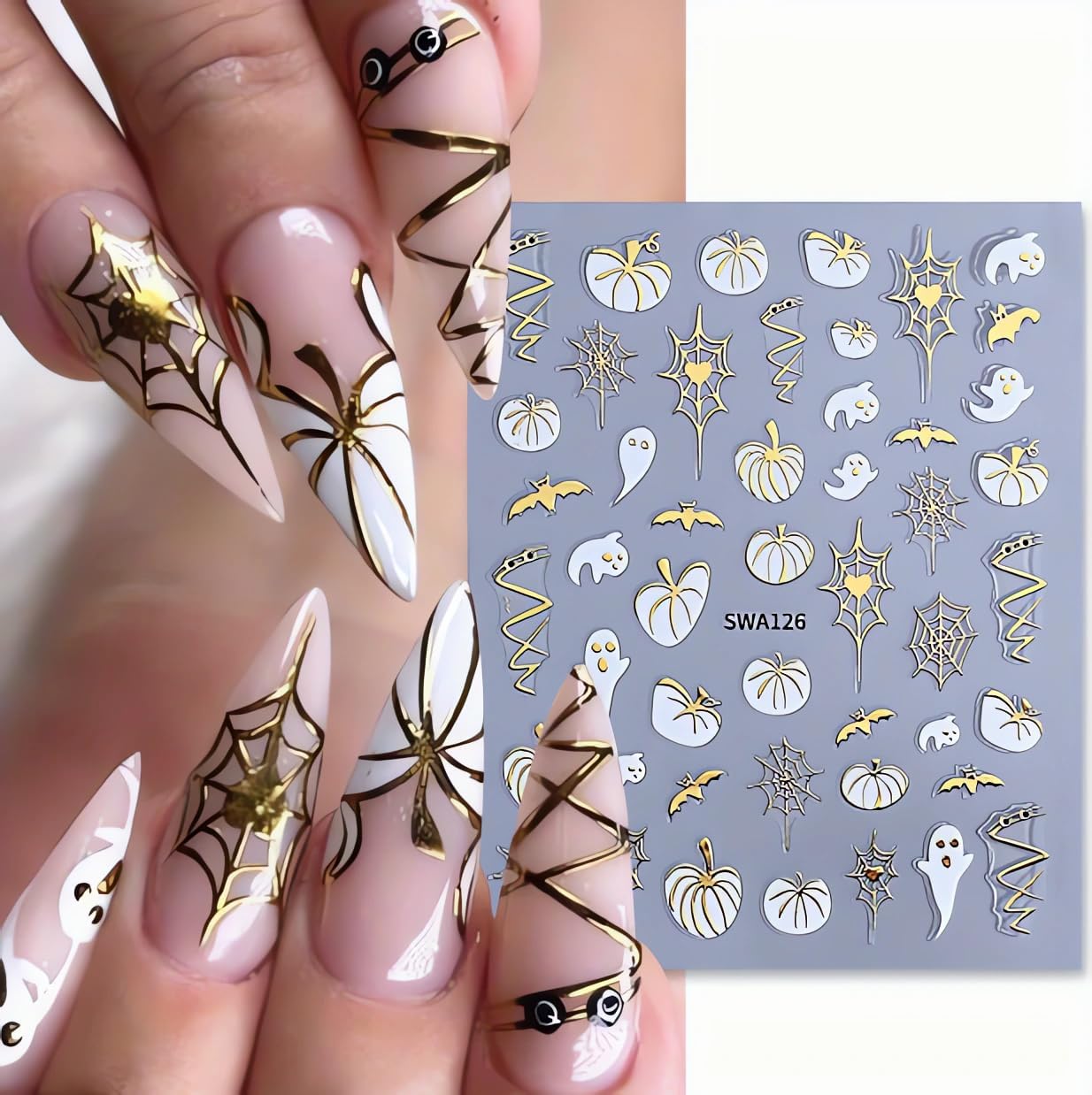 Halloween Pumpkins Nail Stickers 3D Gold Maple Leaf Nail Decals 3PCS Fall Glitter Pumpkins Leaves Desigs Nail Art Stickers Halloween Cute Ghost Cobweb Self-Adhesive Nail Accessories for Women image 5