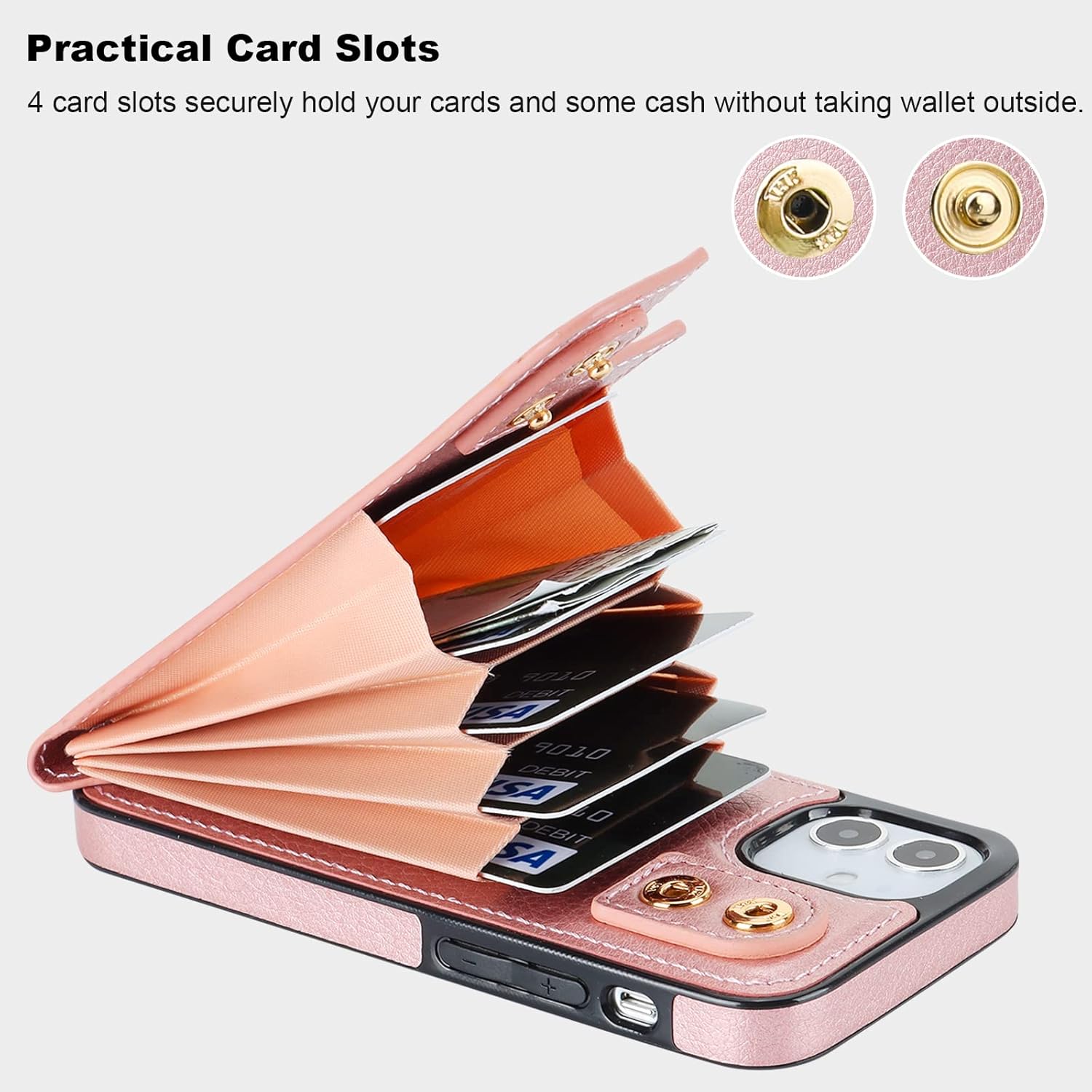 Folosu Compatible with iPhone 12 Mini Case Wallet with Card Holder, 360°Rotation Finger Ring Holder Kickstand Protective RFID Blocking PU Leather Double Buttons Flip Shock Cover 5.4 Inch Rose Gold